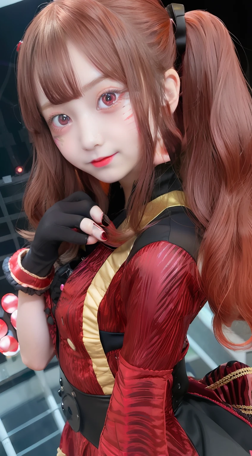 1girl in, Solo,cute little、(red pupils:1.4)、Live costumes、Black Gloves