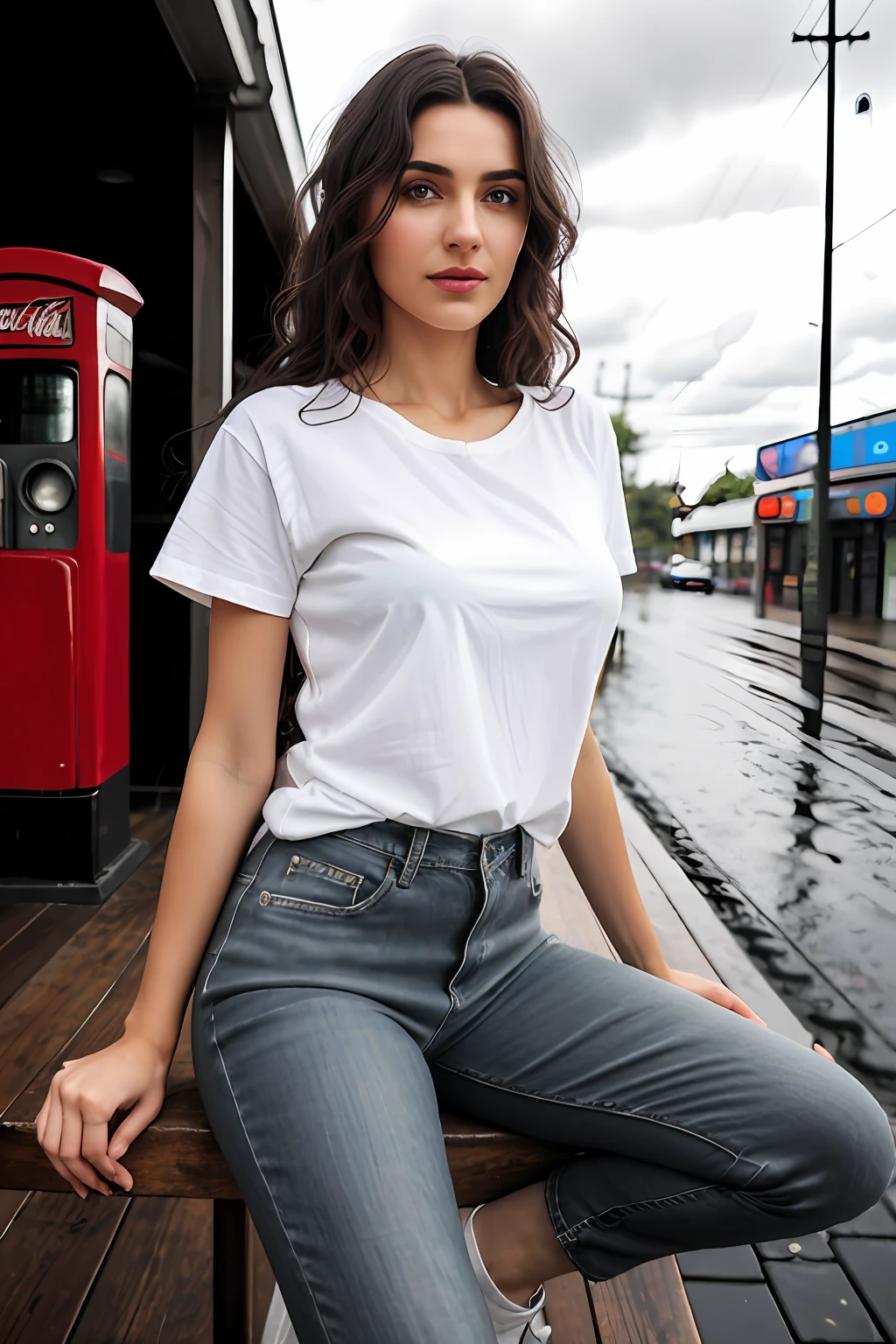 ((Best Quality, 8k, Masterpiece:1.3)), Focus: 1.2, Perfect Body Beauty: 1.4, Arabian 27 years old woman: 1.2, ((Black curly Hair)), (White plain, round neck, regular fit basic tee-shirt:1.1), no print on Teeshirt, no underneath bra, Rounded neck basic full body length, regular fitting tee-shirt, Dark grey skinny jeans, low rise jeans, long jeans: 1.1, short sleeves white regular tee-shirt, full length tee-shirt, Highly detailed face and skin texture, Detailed eyes, Double eyelids, toned body, Whitened skin, serious mood, firm big breasts, perfact firm legs, high heel's, whitened skin, detailed black eyes, black wavy hairstyle, detailed face, middle eastern woman, baggy medium size basic tee-shirt, simple plain regular Tee-shirt, toned large hips, 8K UHD, black anklet, model looks, empty city, rainy weather, dark clouds, silver wrist watch, bracelet, bangle's, open legs style Posing, old shell gas station, sitting on a old wooden chair, high heels, detailed beautiful feets, detailed feets fingers and shape, old petrol pump, rainy atmosphere, wet roads, model shoot style, blue cloudy sky, sitting on old stool, wooden chair, wooden bench, old letter box, night time, coca-cola neon on a gas station roof side, coca-cola neon signs light on, night time, 10pm