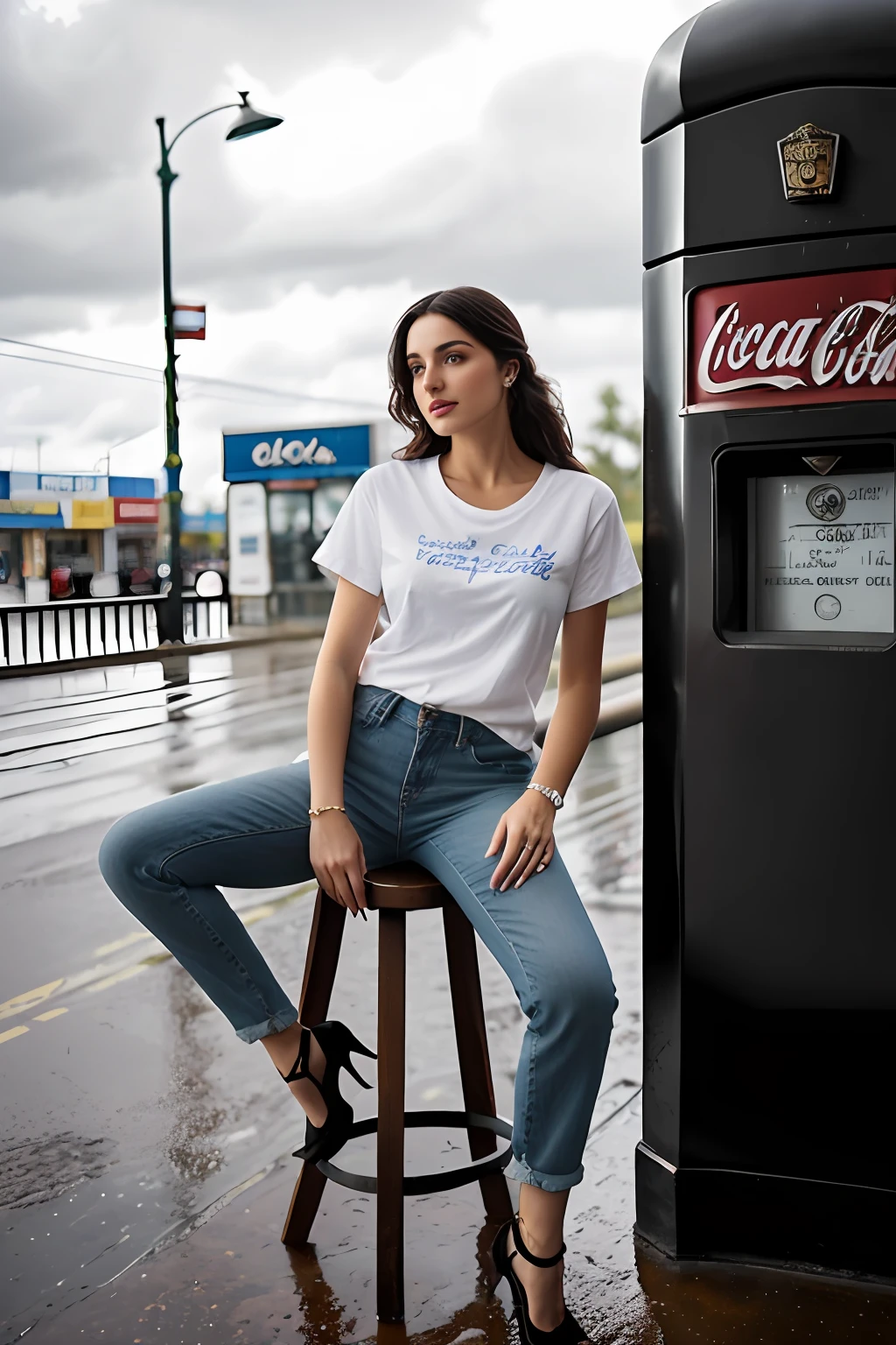 ((Best Quality, 8k, Masterpiece:1.3)), Focus: 1.2, Perfect Body Beauty: 1.4, Arabian 27 years old woman: 1.2, ((Black curly Hair)), (White plain, round neck, regular fit basic tee-shirt:1.1), no print on Teeshirt, no underneath bra, Rounded neck basic full body length, regular fitting tee-shirt, Dark grey skinny jeans, low rise jeans, long jeans: 1.1, short sleeves white regular tee-shirt, full length tee-shirt, Highly detailed face and skin texture, Detailed eyes, Double eyelids, toned body, Whitened skin, serious mood, firm big breasts, perfact firm legs, high heel's, whitened skin, detailed black eyes, black wavy hairstyle, detailed face, middle eastern woman, baggy medium size basic tee-shirt, simple plain regular Tee-shirt, toned large hips, 8K UHD, black anklet, model looks, empty city, rainy weather, dark clouds, silver wrist watch, bracelet, bangle's, open legs style Posing, old shell gas station, sitting on a old wooden chair, high heels, detailed beautiful feets, detailed feets fingers and shape, old petrol pump, rainy atmosphere, wet roads, model shoot style, blue cloudy sky, sitting on old stool, wooden chair, wooden bench, old letter box, night time, coca-cola neon on a gas station roof side, coca-cola neon signs light on, night time, 10pm