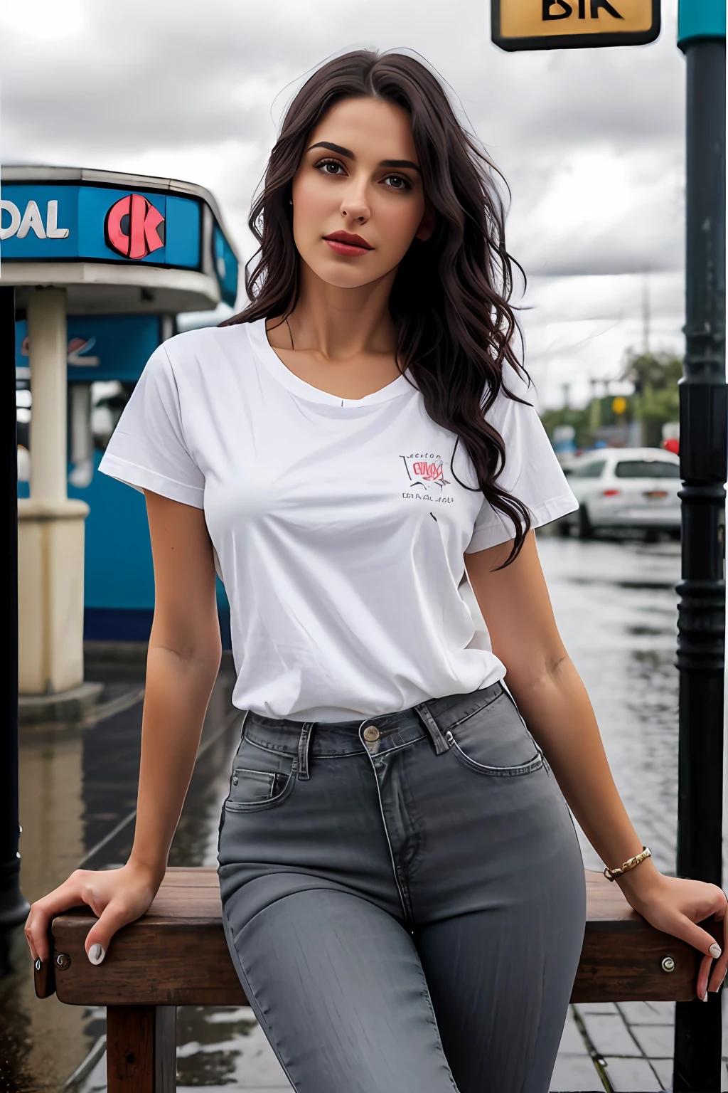 ((Best Quality, 8k, Masterpiece:1.3)), Focus: 1.2, Perfect Body Beauty: 1.4, Arabian 27 years old woman: 1.2, ((Black curly Hair)), (White plain, round neck, regular fit basic tee-shirt:1.1), no print on Teeshirt, no underneath bra, Rounded neck basic full body length, regular fitting tee-shirt, Dark grey skinny jeans, low rise jeans, long jeans: 1.1, short sleeves white regular tee-shirt, full length tee-shirt, Highly detailed face and skin texture, Detailed eyes, Double eyelids, toned body, Whitened skin, serious mood, firm big breasts, perfact firm legs, high heel's, whitened skin, detailed black eyes, black wavy hairstyle, detailed face, middle eastern woman, baggy medium size basic tee-shirt, simple plain regular Tee-shirt, toned large hips, 8K UHD, black anklet, model looks, empty city, rainy weather, dark clouds, silver wrist watch, bracelet, bangle's, open legs style Posing, old shell gas station, sitting on a old wooden chair, high heels, detailed beautiful feets, detailed feets fingers and shape, old petrol pump, rainy atmosphere, wet roads, model shoot style, blue cloudy sky, sitting on old stool, wooden chair, wooden bench, old letter box, night time, coca-cola neon on a gas station roof side, coca-cola neon signs light on, night time, 10pm