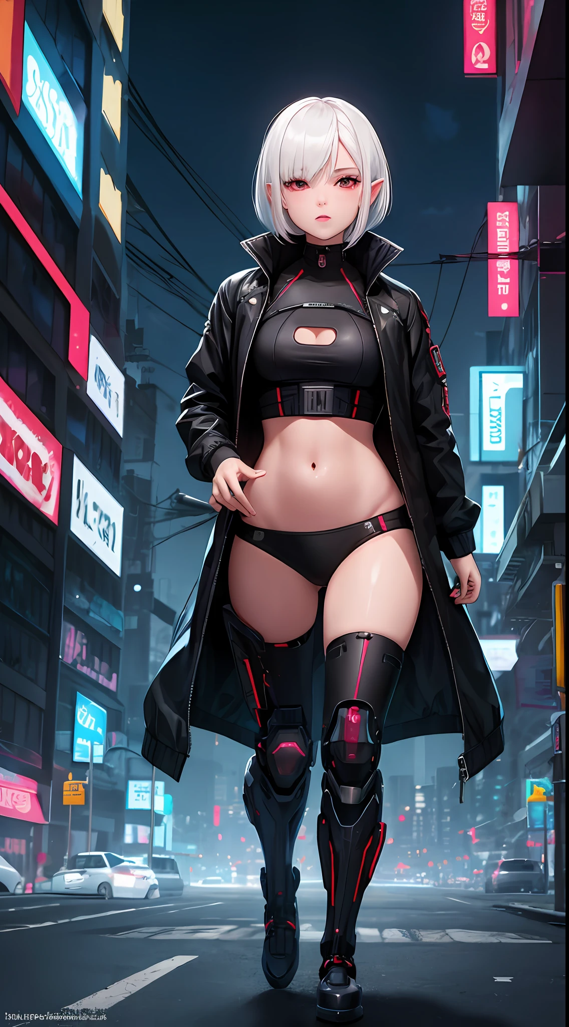 android
, bangs
, black jacket
, blush
, bob cut
, breasts
, building
, city lights
, clothing cutout
, cowboy shot
, cyberpunk
, hair between eyes
, inpainted
, jacket
, long sleeves
, looking at viewer
, mechanical legs
, mechanical parts
, midriff
, navel
, night
, open clothes
, open jacket
, outdoors
, parted lips
, pointy ears
, power lines
, puffy sleeves
, red eyes
, science fiction
, short hair
, small breasts
, solo
, standing
, stomach
, watermark
, white hair