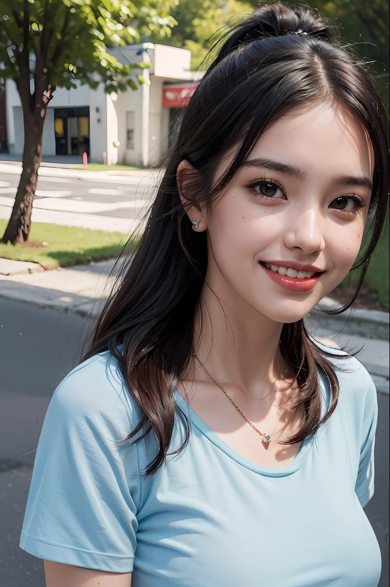 (8k, RAW photos,best quality, high resolution:1.1), (hyperrealistic:1.4),(realistic, photorealistic:1.3), soft light,big breasts,girl,realistic face,realistic body,realistic skin,absurdity,masterpiece,(cute:1.8), cuties, solo, (big breasts:1.2), detailed black eyes,innocent eyes,blusher,(t-shirt:1.2), cinema light,film grain,jewelry,earrings,((Medium hair:1.1)),((Floating Hair Novafrog Style)),cherry colored lips,hair ribbon,hair bow,ponytail,closeup,look viewer,long hair,upper body,open lips,upper teeth, (smiling eyes:0.6),((grinning:1.2)),depth of field, blurred background, eye focus, Bokeh,Young, 85mm Lens, f/1.4,Professional Lighting, Young,Portrait,Photon Mapping,Radiosity,Physically Based Rendering,No Bra