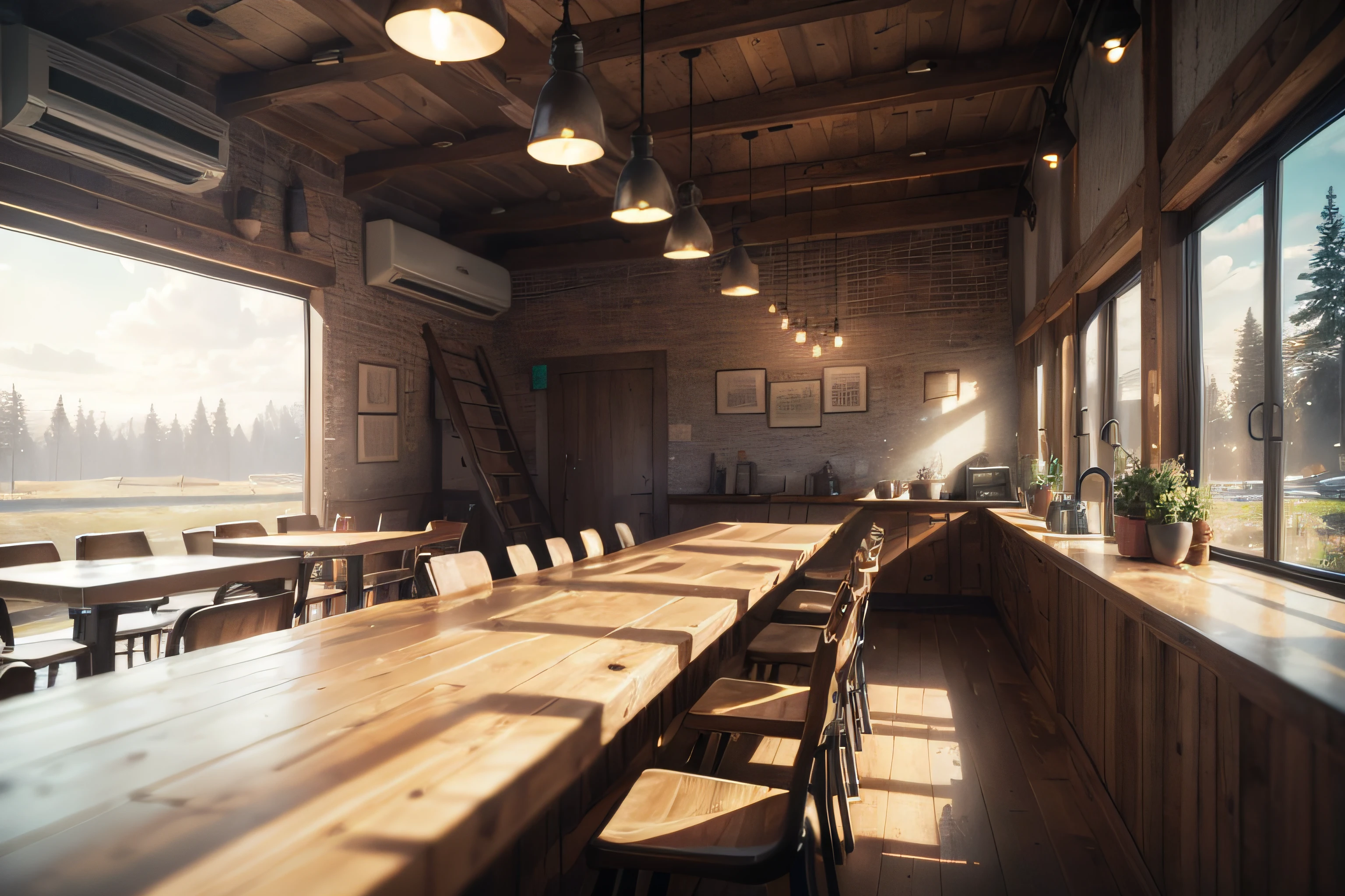 Masterpiece, best quality, highres, photorealistic, RAW, Interior view of Rustic Cafeteria, 8K, cinematic light