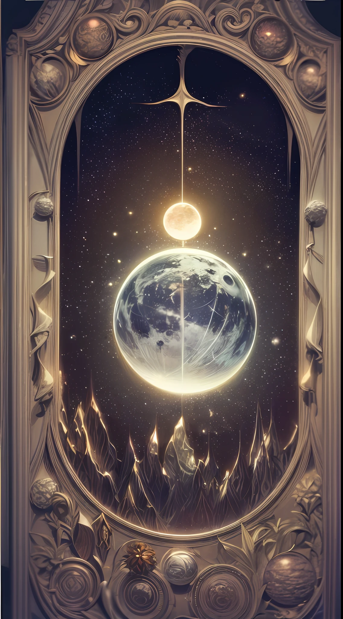 A captivating tarot card portraying "The Moonlit Sanctuary," a tarot frame design in gothic style with uniform frame width, revealing a tranquil sanctuary bathed in moonlight, with a sphere depicting the earth at the center of the design, symbolizing the connection between the earth and the celestial cycles, Illustration, mixed media on textured paper