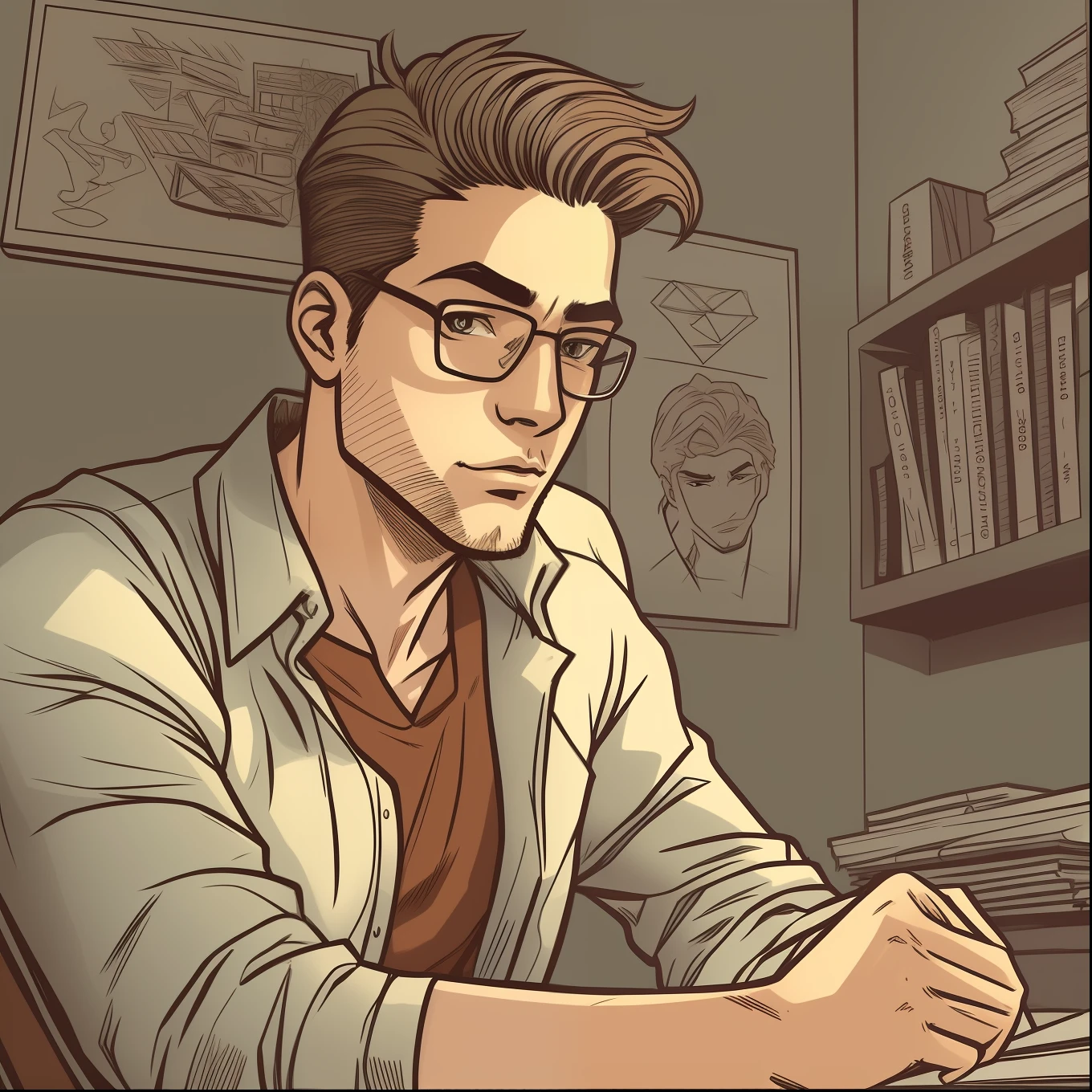 [homem jovem], [corpo inteiro], [loiro], estilo cartoon, estilo comic, contorno de linhas pretas 0.6, estudando no quarto, detalhes intrincados, highes definition