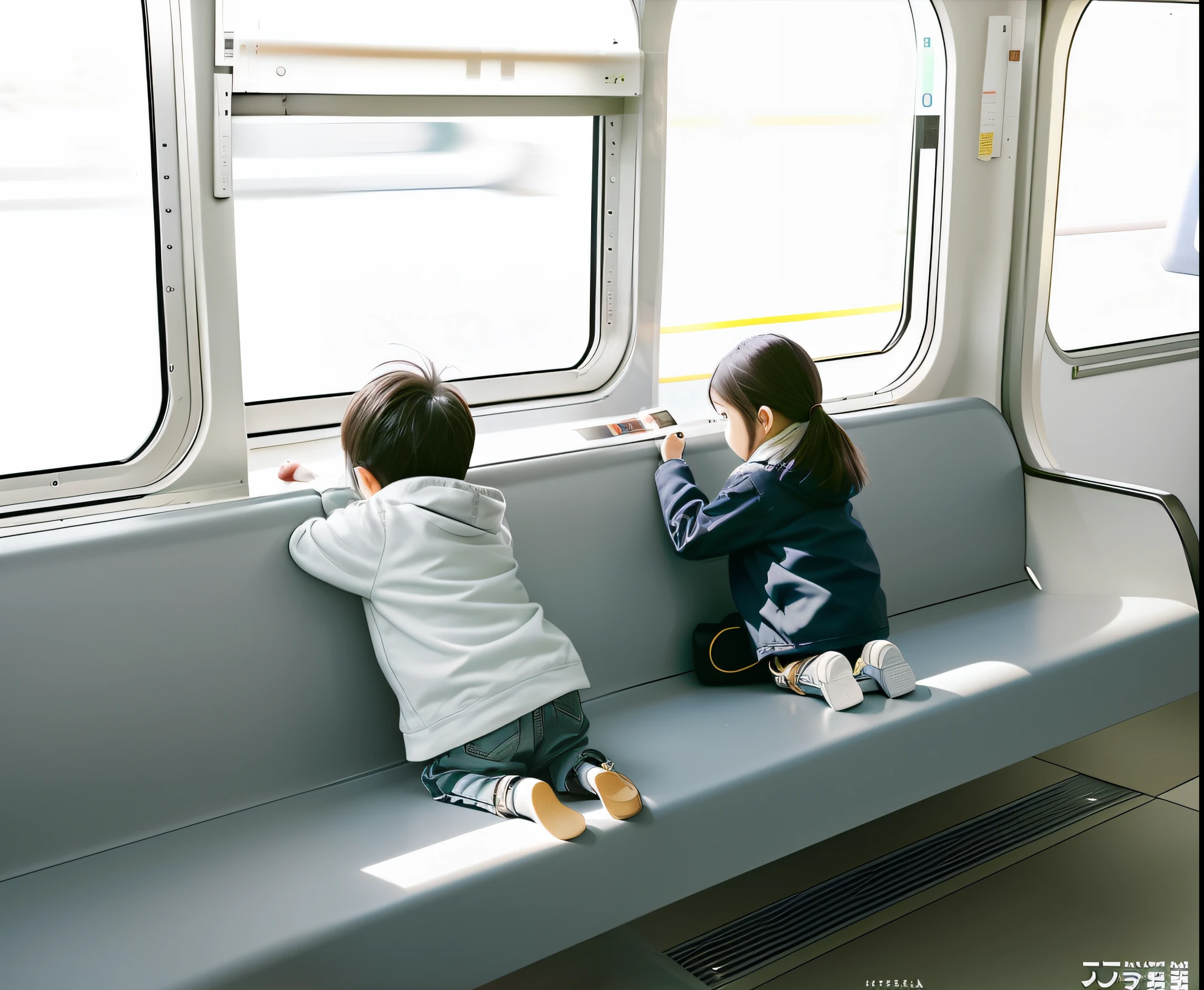 Two children sitting on a bench on a train, author：Tatsuyuki Tanaka, author：Yasushi Sugiyama, author：Hiroyuki Tajima, author：Hideyuki Kikuchi, jin kim, author：Yukihiko Yasuda, author：Yamaguchi Kayo, naoya tanaka, author：by Hiroshi Honda, author：Yuki Ogura
