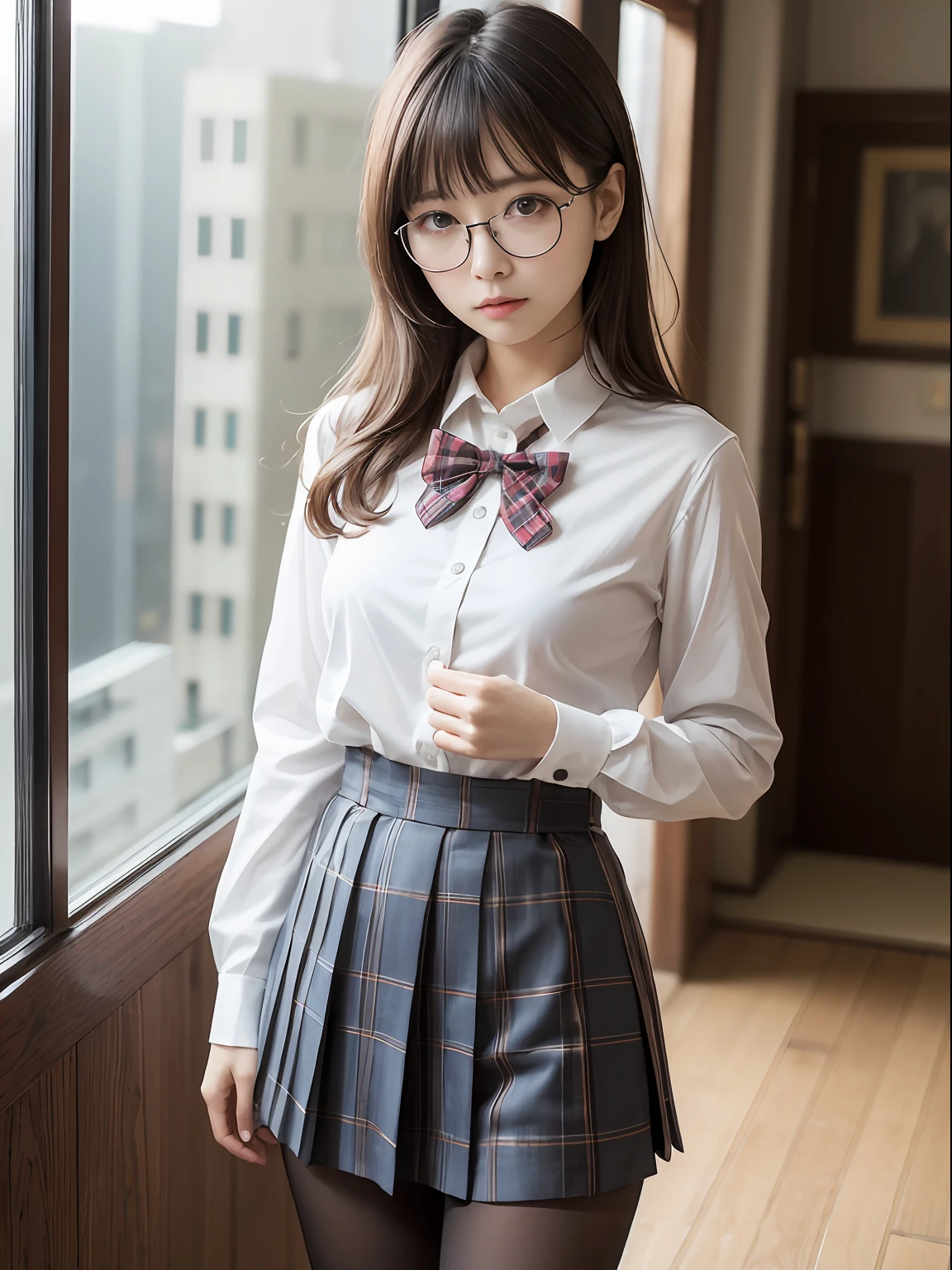 (8K、Raw photography、top-quality、masterpiece:1.2),Erotic,Eros,de pele branca,Black pantyhose,absurderes,a small face,small tits,flat breast,Parting the bangs from the middle、Forehead visible,(Tight eyes,Bullish,skinny,Rasping,irate)、masterpiece,top-quality、超A high resolution,Raw photo,ren,Beautiful fece,One Person, 独奏,eye glass,,Dark look,Small breasts,fullllbody,Round glasses、cute little、A Japanese Lady,is standing,(Tight eyes,Bullish,skinny,Rasping,irate,small tits,flat breast)、(Photorealsitic:1.37)、Photon mapping,Light blue ribbon,Realistic、Cute little face,Brown-eyed、Black socks、(Red bow tie)、Radio City、Physically Based Rendering、Foreground、depth of fields、Blurry background、a picture,The girls、Body, Long legs, Thin leg,poneyTail,(Bangs are visible), hair, s lips, Blue_The eye, nosesoft,White shirt, Navy blue and white plaid pleated skirt, Knees are visible,Sheer clothing,, Thigh, Black cotton socks,Nogizaka Idol, 女優, Japanese ido