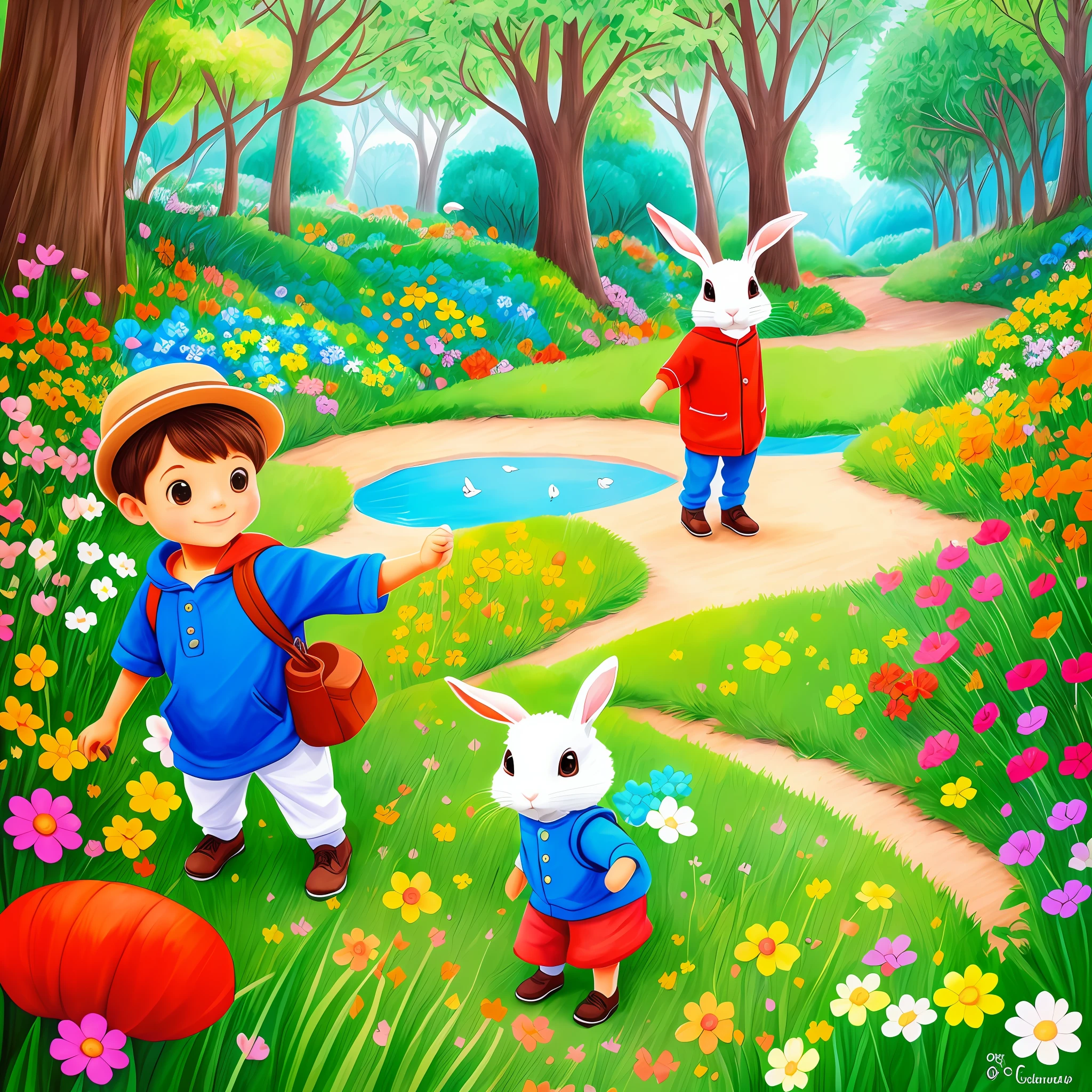Draw a colorful and captivating illustration of the character John, O curioso menino de 6 anos, acompanhado do amigo Fofinho, The Playful Rabbit. Retrate-os na entrada da Floresta Encantada, showing your excitement to explore the magical world around you.