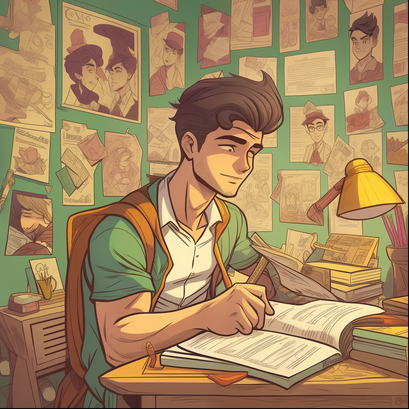 [homem jovem], [corpo inteiro], [loiro], estilo cartoon, estilo comic, contorno de linhas pretas 0.6, estudando no quarto, detalhes intrincados, highes definition