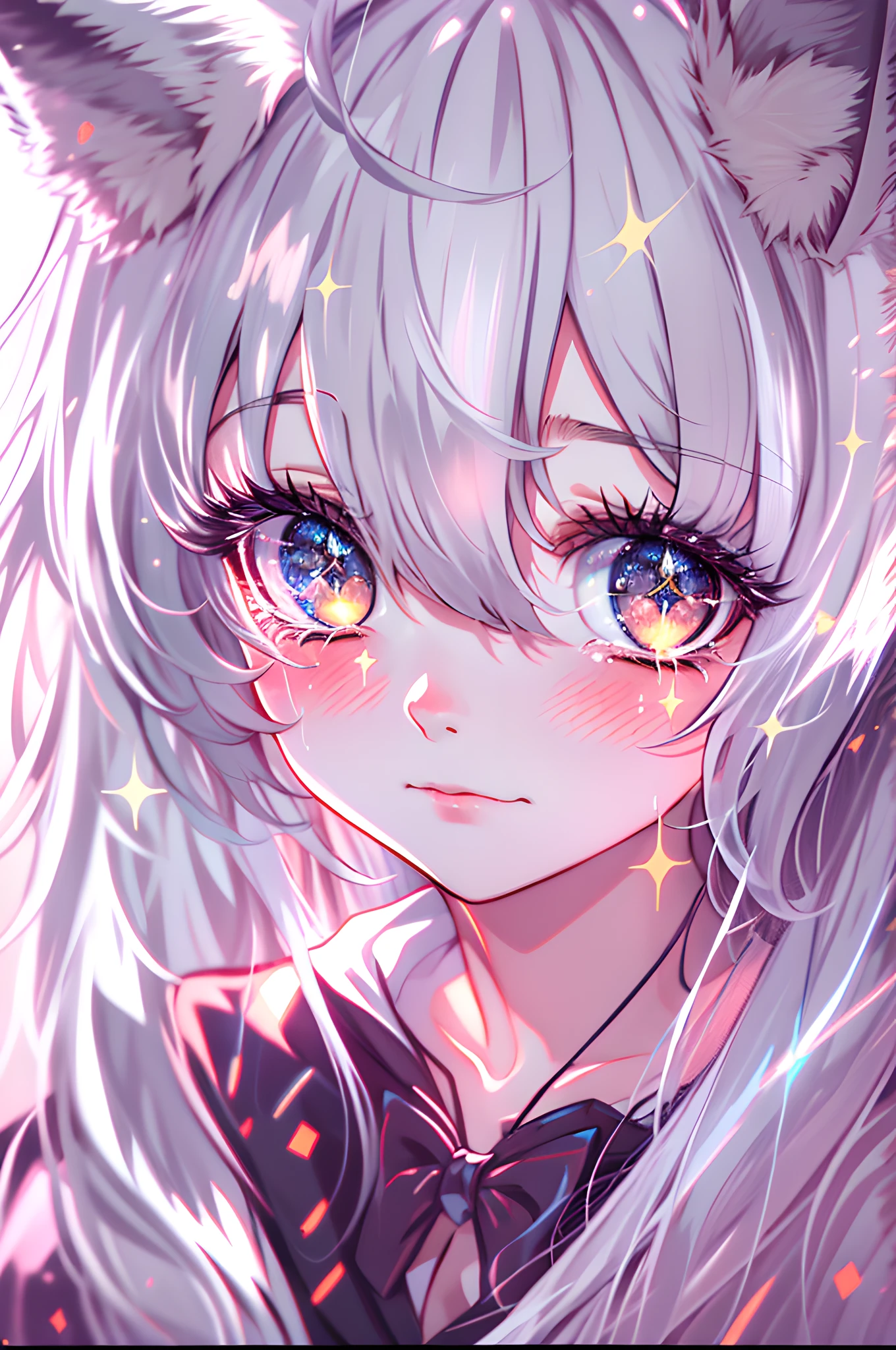 silver hair, long hair, hair strand, hair over one eye, pupils sparkling, colored eyelashes, fox ears, crying, anime style, sparkle, UHD, 8k