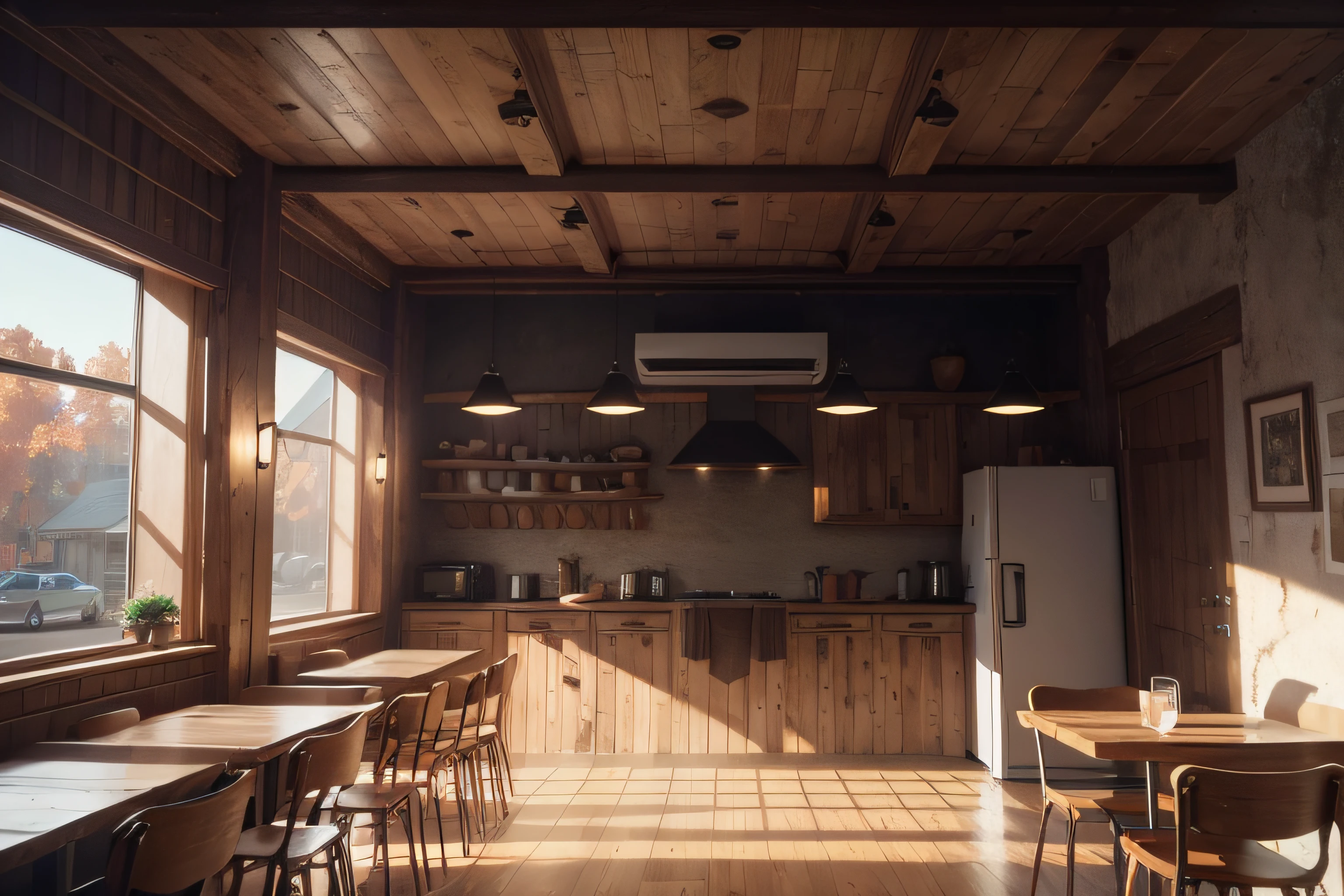 Masterpiece, best quality, highres, photorealistic, RAW, Interior view of Rustic Cafeteria, 8K, cinematic light