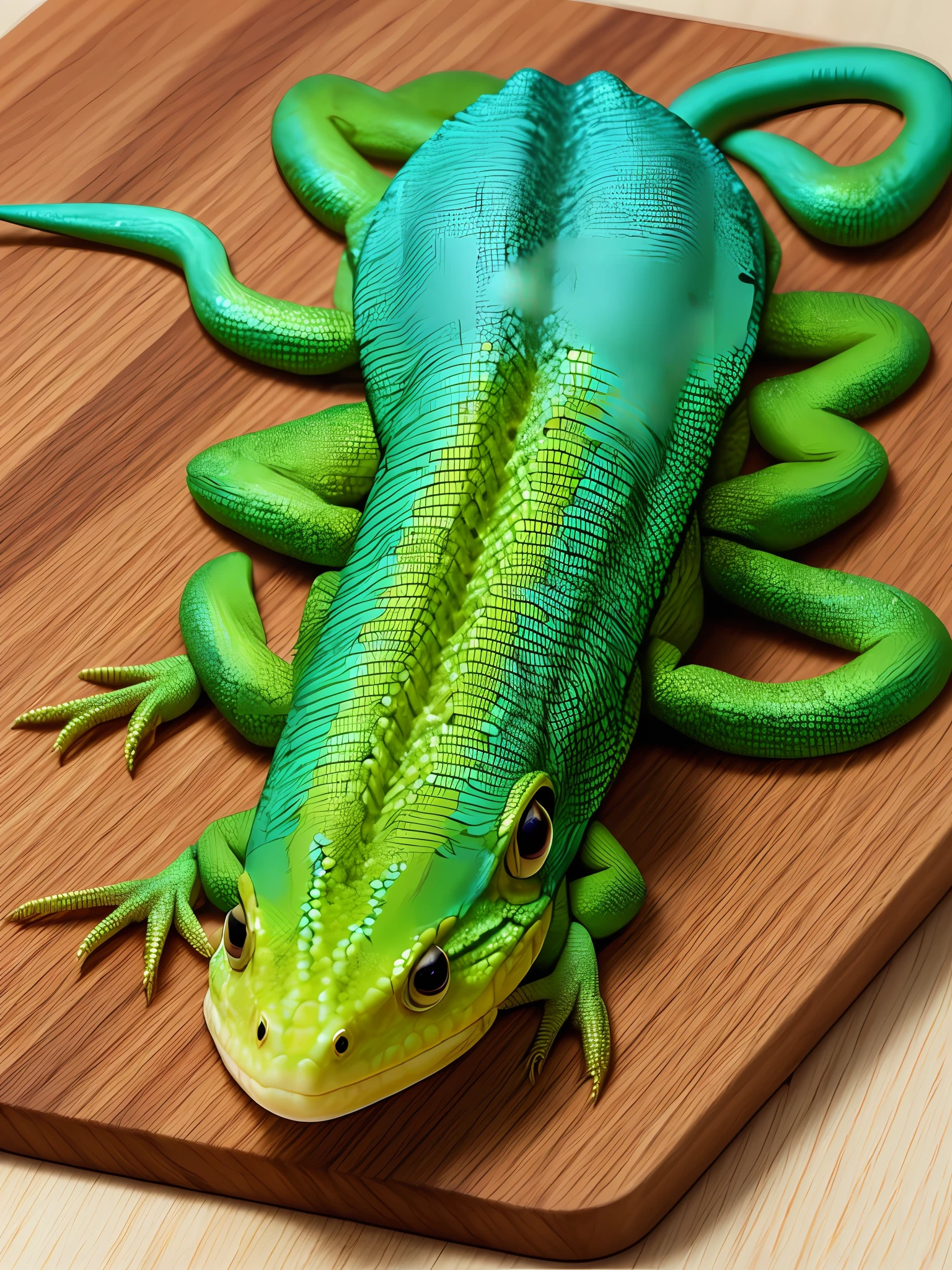 Cute fish-headed lizard on a cutting board