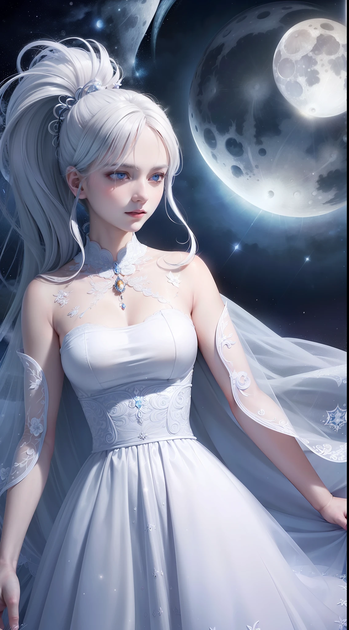 masterpiece, (best quality:1.2), (ultra-detailed:1.2), illustration, (an extremely delicate and beautiful:1.2),cinematic angle,floating, (beautiful detailed eyes:1.1), (detailed light:1.1),cinematic lighting, beautifully detailed sky, women, white hair, blue eyes, (high ponytail:1.1), cloak, glowing eyes, (moon:1.2), (moonlight:1.1), starry sky, (lighting particle:1.1), fog, snow painting, sketch, bloom