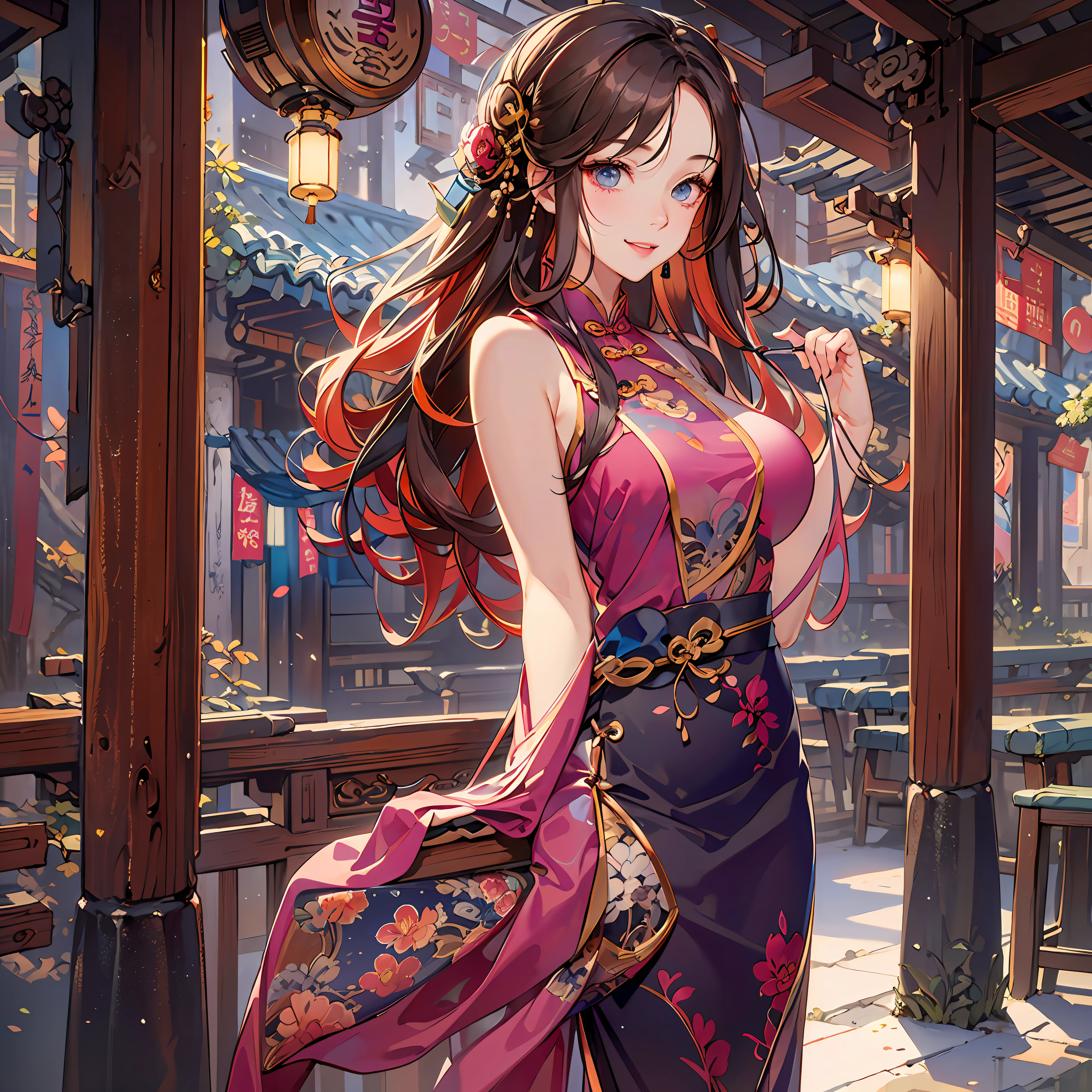 Masterpiece, Professional lighting, photon maping, Radio City, Physically-based rendering,A beautiful sexy woman on the street，Long burgundy wavy hair，Wearing a cheongsam，Bumpy figure，Smiling，Colorful stills，Port wind，Front centered composition