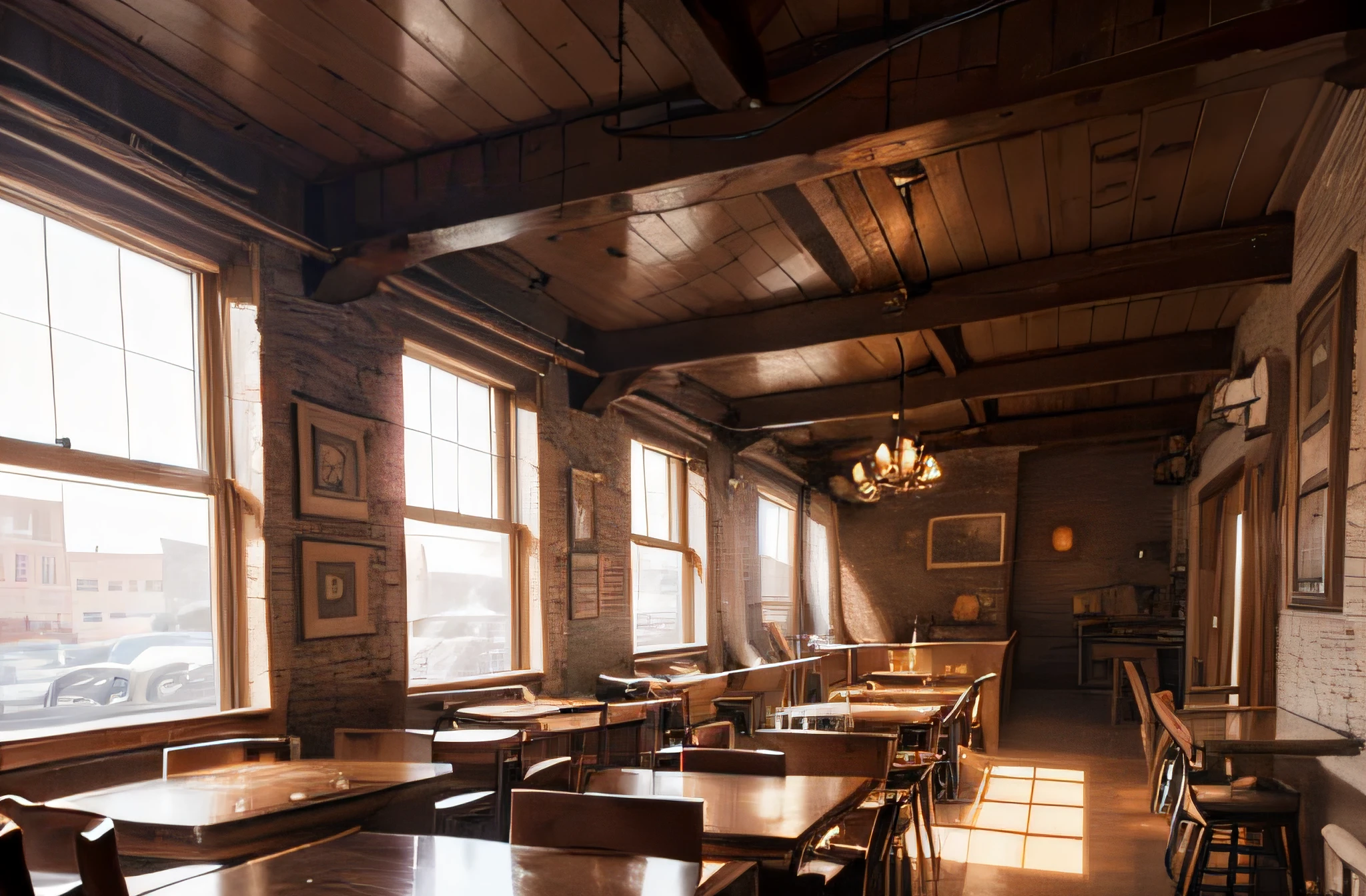 Masterpiece, best quality, highres, photorealistic, RAW, Interior view of Rustic Cafeteria, 8K, cinematic light