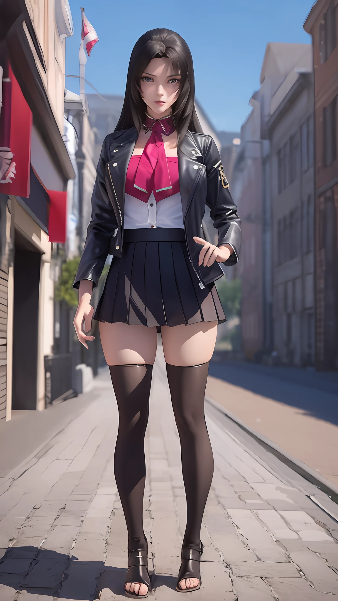 there is a woman in a skirt and a jacket posing for a picture, Surrealism female students, Surrealism female students, Realistic schoolgirl, thighhighs and skirt, photorealistic anime girl rendering, 3 d anime realistic, Smooth anime CG art, photorealistic full body, Photorealistic anime, Realistic anime 3 D style, photorealistic perfect body, wearing skirt and high socks