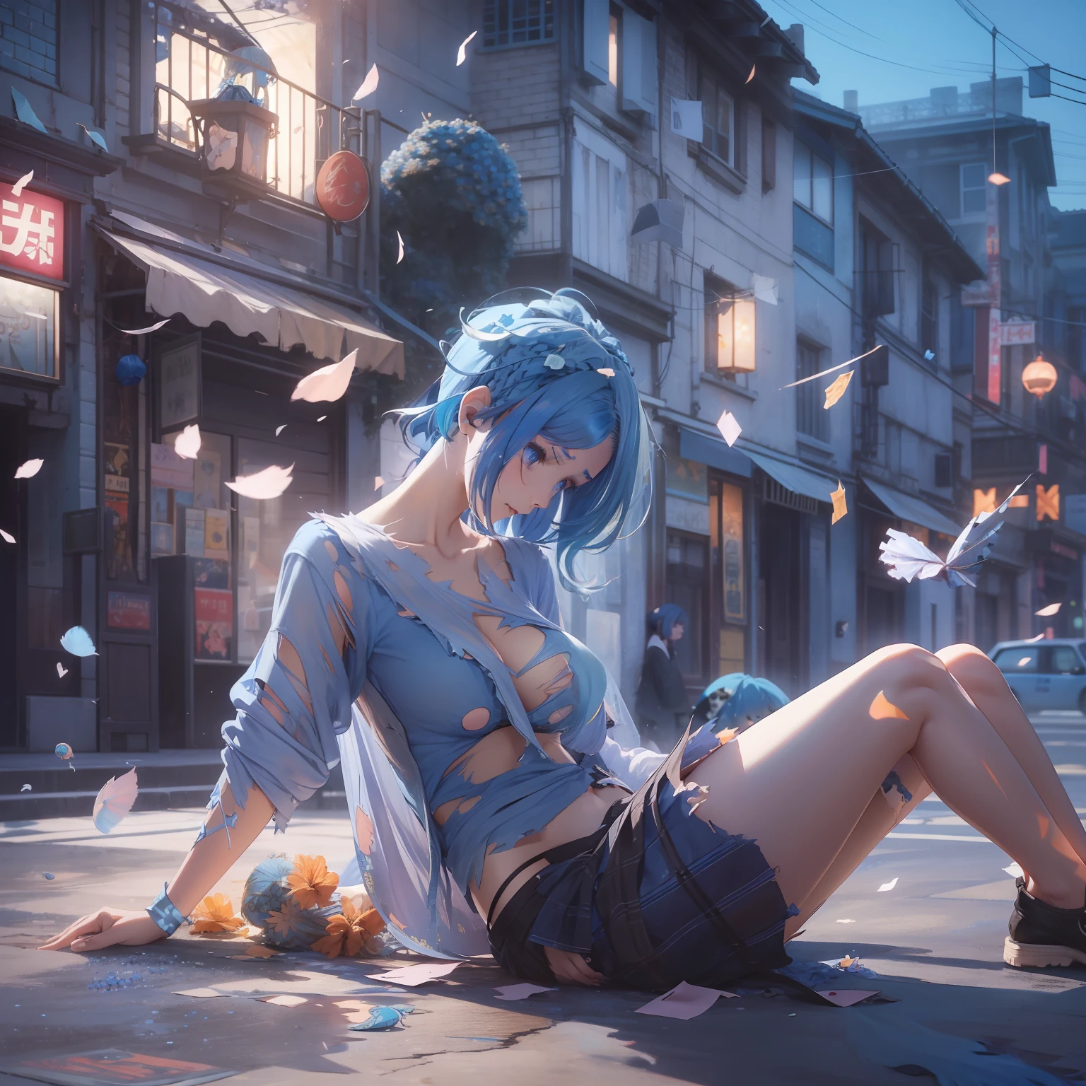 top-quality、Photorealsitic、8K、hight resolution、1girl in、femele、(Skindentation)、(large full breasts)、(profetional lighting、bokeh dof)、(a street)、(flower petals、many:0.6)、Sad face、fansty world(natta:1.2)、(Blue hair:2.0)、(Torn blouse:1.5)、(Portate:0.6)、tatteredclothing、Damaged clothing、a gorgeous、Torn clothes、Clothes torn、bloom、(Floating hair)、(light particules、lensflare、Luminous particles:0.6)、(dynamicposes:1.2)、softlighting、