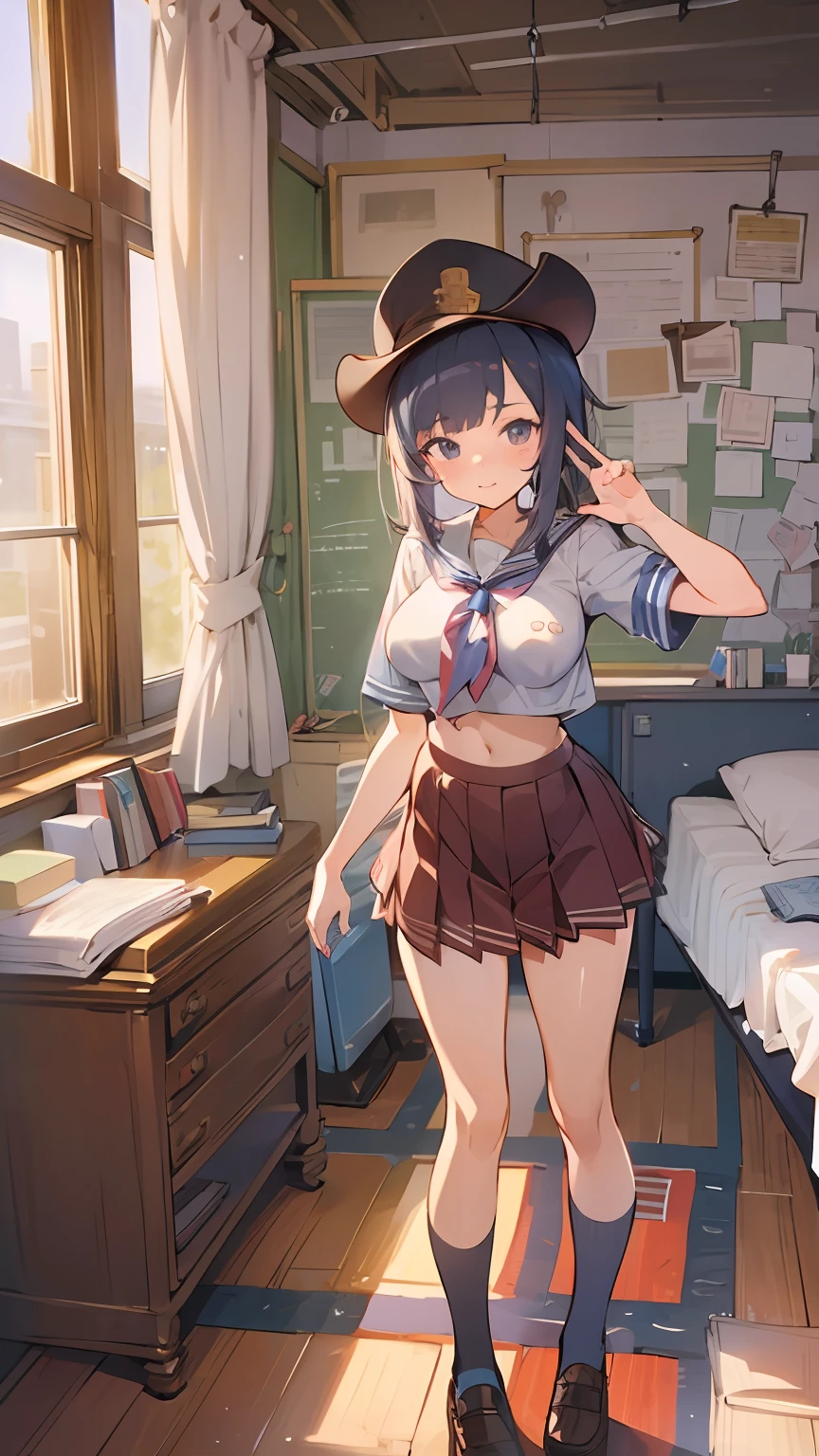1girl,large breasts,midriff,
indoors,bedroom,standing,cowboy shot, ((school_uniform))