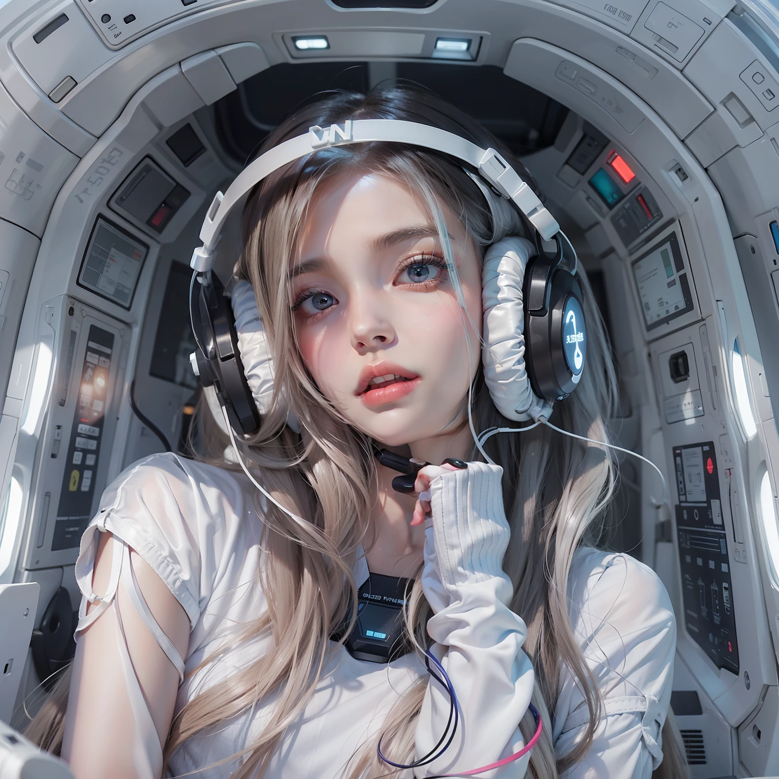 Seductive Woman Perfect beauty Very white skin Beautiful eyes Glossy lips long-sleeveTwearing a shirts Functional head phone Inside the spacecraft