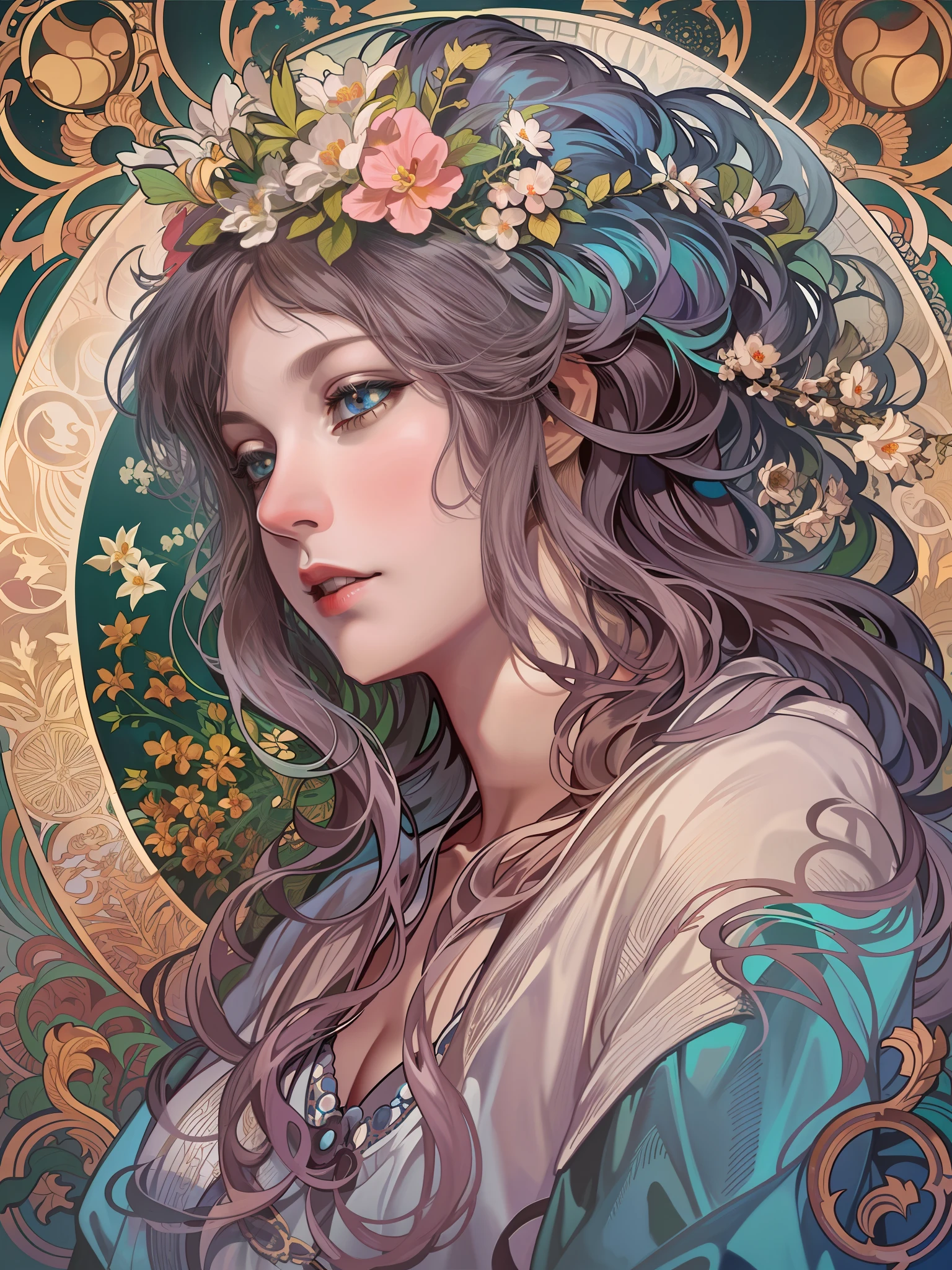 1 girl，woman，Looking down，Solo，The upper part of the body，european woman face portrait，with long coiled hair，Shiny skin, Detailed face, The robe has a pattern， Sumeru，Clouds， themoon，tarot card layout，Best quality, Masterpiece, (Realistic:0.6), Realistic lighting,Flower frame， Decorative panels， abstract artistic， Alphonse Mucha （tmasterpiece， best qualtiy， A high resolution： 1.4）， A detailed， Complicated details， 4K，cerulean， Line art， Fibonacci