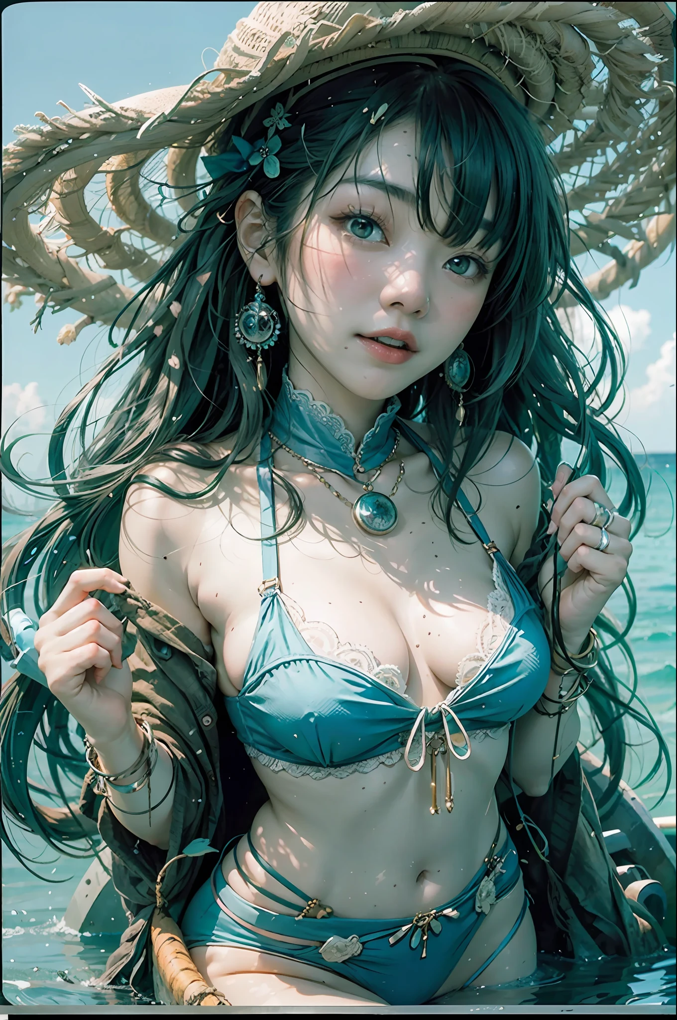 a  asian girl  blue  swamwear，cute，in summer，in sea aside ， long hair ，best hands， best quality，8k，sexy --auto --s2