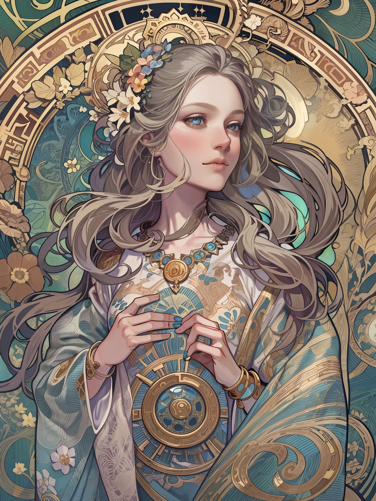 1 girl,woman,Looking down,Solo,The upper part of the body,european woman face portrait,with long coiled hair,Shiny skin, Detailed face, The robe has a pattern, Sumeru,Clouds, themoon,tarot card layout,Best quality, Masterpiece, (Realistic:0.6), Realistic lighting,Flower frame, Decorative panels, abstract artistic, Alphonse Mucha (tmasterpiece, best qualtiy, A high resolution: 1.4), A detailed, Complicated details, 4K,cerulean, Line art, Fibonacci