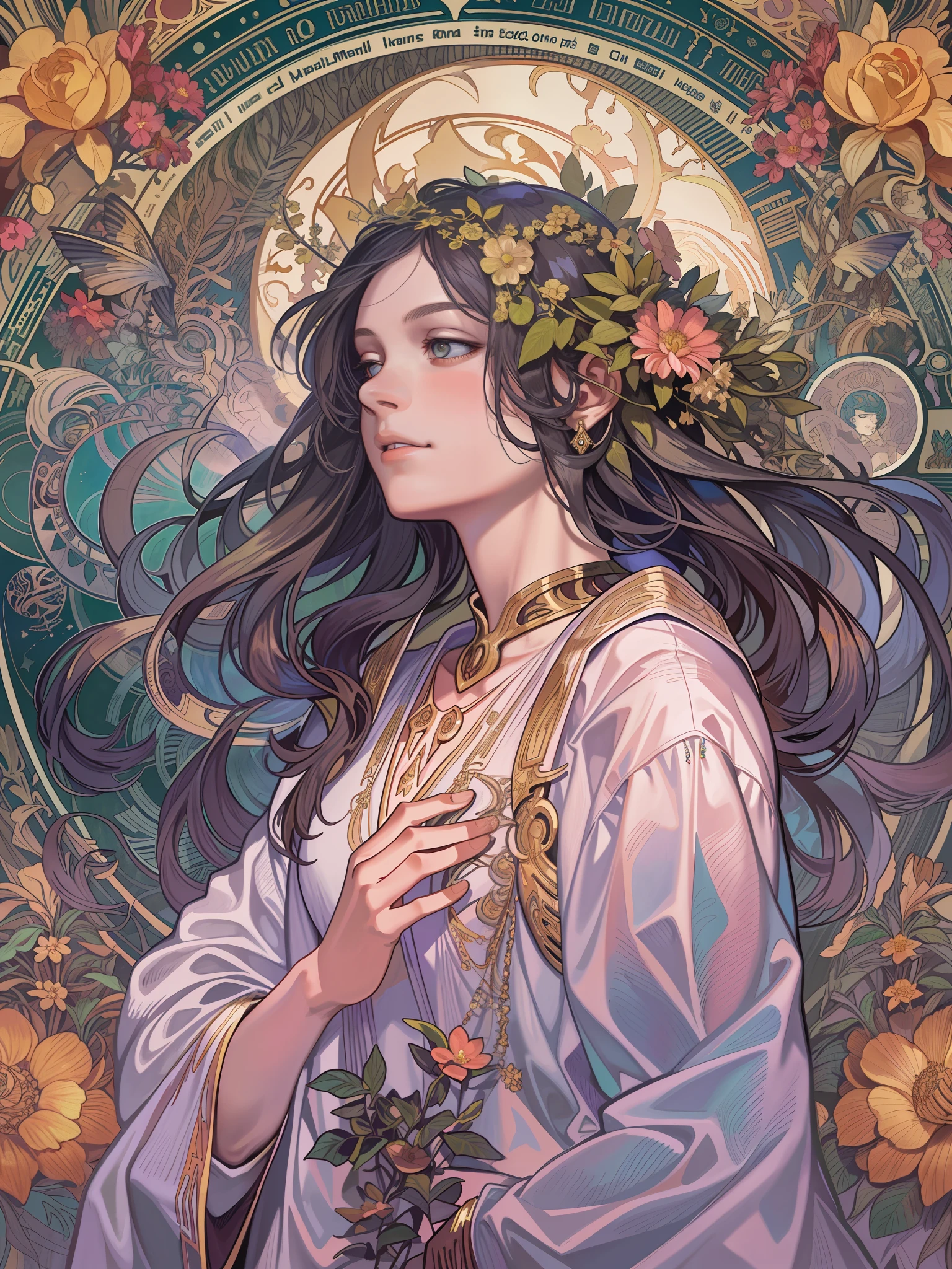 1 girl，woman，Looking down，Solo，The upper part of the body，european woman face portrait，with long coiled hair，Shiny skin, Detailed face, The robe has a pattern， Sumeru，Clouds， themoon，tarot card layout，Best quality, Masterpiece, (Realistic:0.6), Realistic lighting,Flower frame， Decorative panels， abstract artistic， Alphonse Mucha （tmasterpiece， best qualtiy， A high resolution： 1.4）， A detailed， Complicated details， 4K，cerulean， Line art， Fibonacci