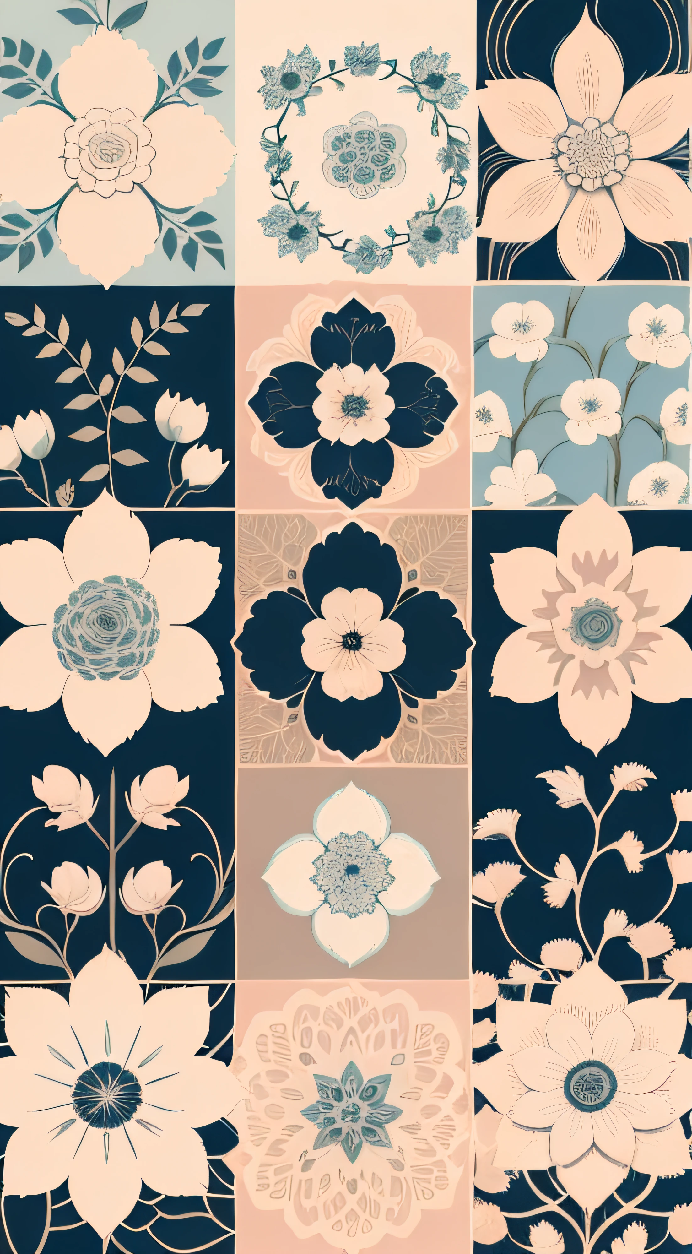 Set pattern of large flowers with plants, defined shape, flat style, vector style, drawing style, naïve style, wallpaper style, in soft pastel colors such as old pink, pastel blue, light blue, beige, pastel yellow. No shadows in the images.