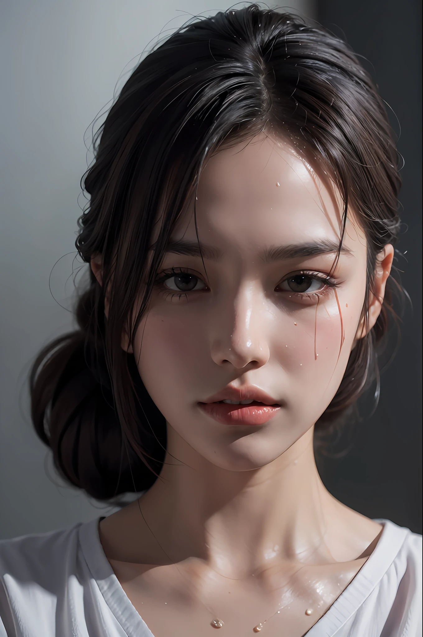 Hansohee in white shirt, hair_bangs, hair tied up, wet, sexy pose

, Ultra Realistic Realistic Textures Dramatic Lighting Unreal Engine Pop on ArtStation, Award Winning Photos, Nikon RAW Photos, 8 k, Fujifilm XT3, Masterpiece, Best Quality, Realistic, Realistic, Ultra Detailed, Extremely Detailed Face, Bust