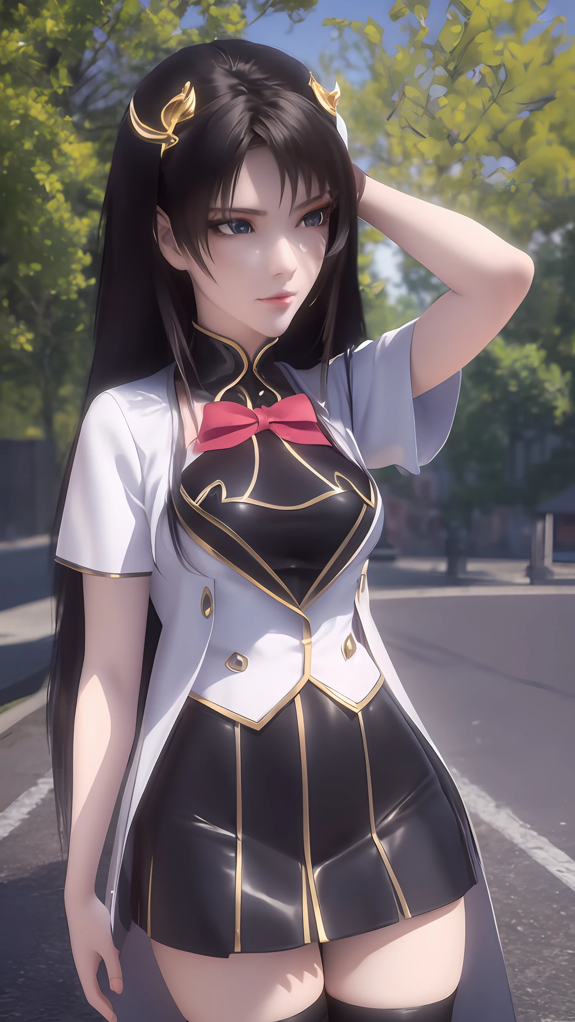 Arad woman posing for photo in short skirt and white shirt, Surrealism female students, Surrealism female students, Realistic schoolgirl, photorealistic anime girl rendering, thighhighs and skirt, 3 d anime realistic, small curvaceous loli, wearing skirt and high socks, Photorealistic anime, cute female student, Realistic anime 3 D style, female student