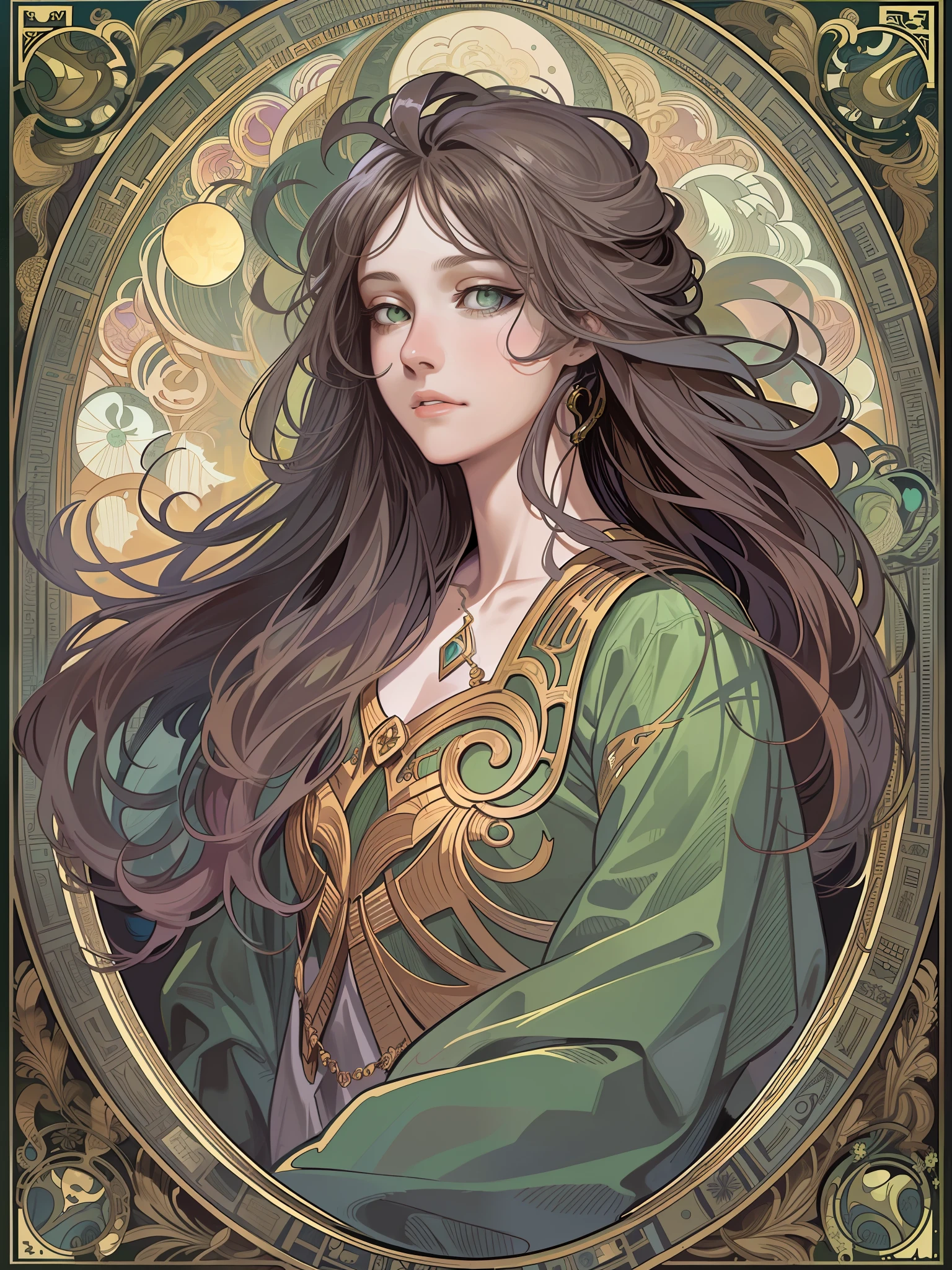 1 girl，woman，Looking down，Solo，The upper part of the body，Green eyes，european woman face portrait，with long coiled hair，Shiny skin, Detailed face, The robe has a pattern， Sumeru，Clouds， themoon，tarot card layout，Best quality, Masterpiece, (Realistic:0.6), Realistic lighting,Flower frame， Decorative panels， abstract artistic， Alphonse Mucha （tmasterpiece， best qualtiy， A high resolution： 1.4）， A detailed， Complicated details， 4K，cerulean， Line art， Fibonacci