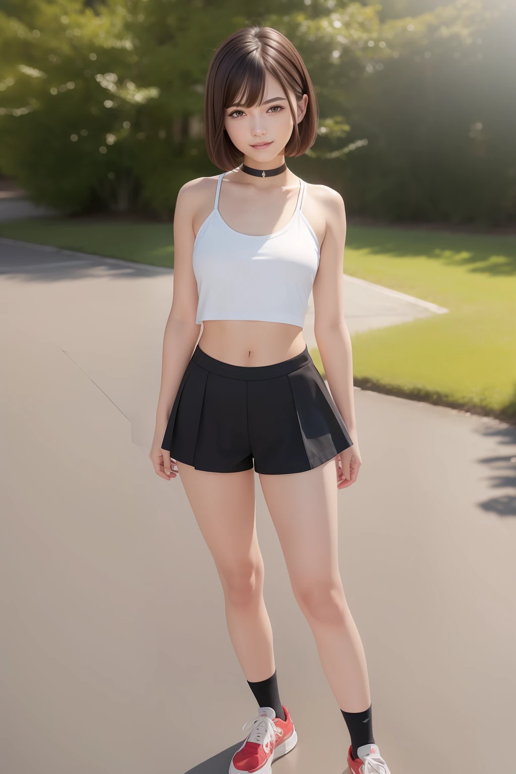 (RAW photo:1.2),(photorealistic:1.4),(masterpiece:1.3),(best quality:1.4),ultra high res,
HDR,8k resolution,
dreamlike,
check commentary,commentary request,scenery,((no text)),
solo focus, (full body),
(detailed eyes),(detailed facial features), (detailed clothes features),
skin tight, (shiny skin),(slender girl),(slim girl),
(1girl,solo),VirtualGirl-Rin, happy, smile, (small breasts), bangs, bob hair, short hair, brown hair, brown eyes, black choker,
university student, schoolgirl, white high school sportswear,red sports shorts,sneakers,