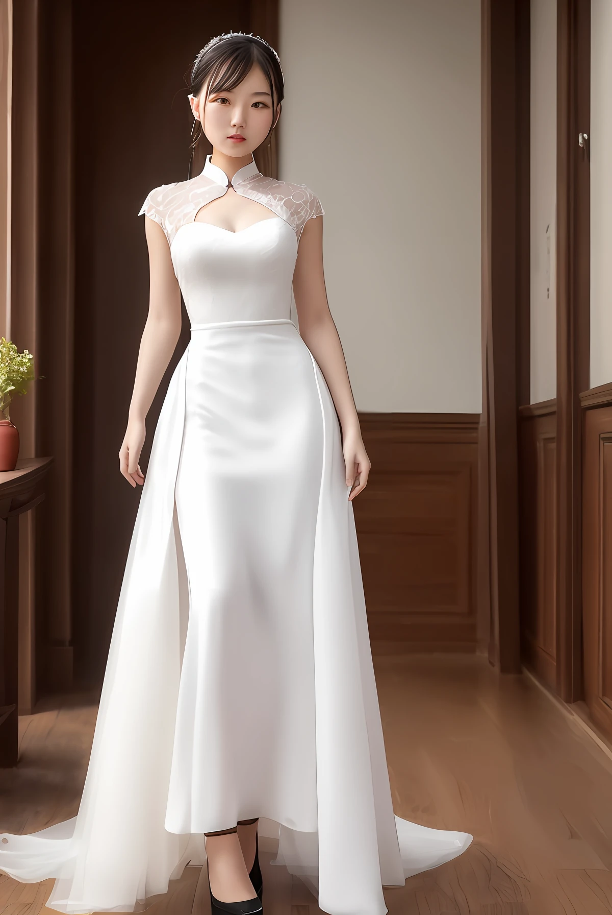 Woman in white dress,170 height,China is 18 years old,A half body