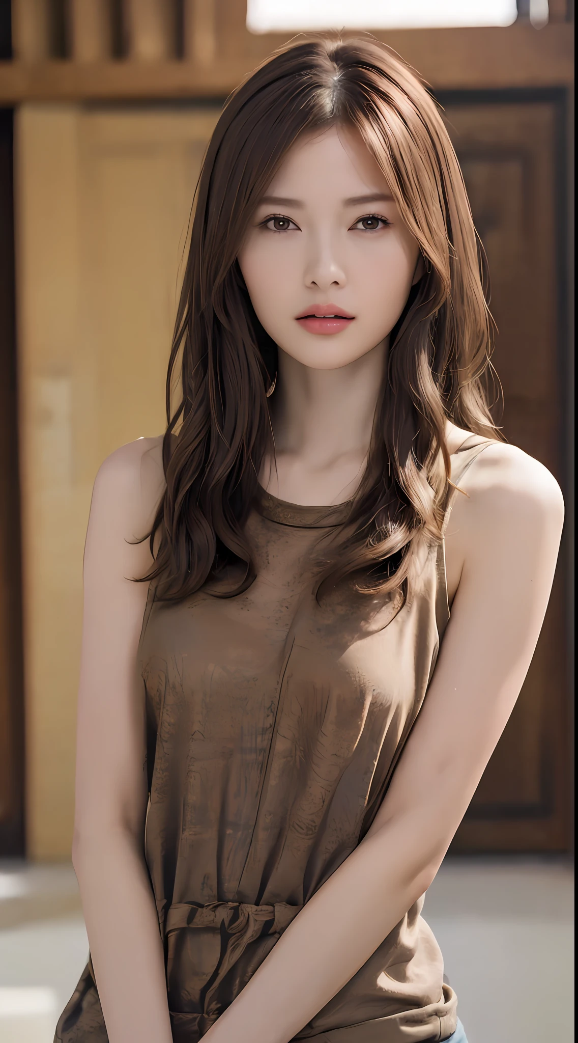 ((Best Quality, 8k, Masterpiece: 1.3)), Full Body, Focus Clear: 1.2, Outstanding Style: 1.4, Slender Abs: 1.2, ((Brown Hair, Big: 1.2)), Black Tank Top, Highly Detailed Face and Skin Texture, Detailed Eyes, Double Eyelids, One Beautiful Woman