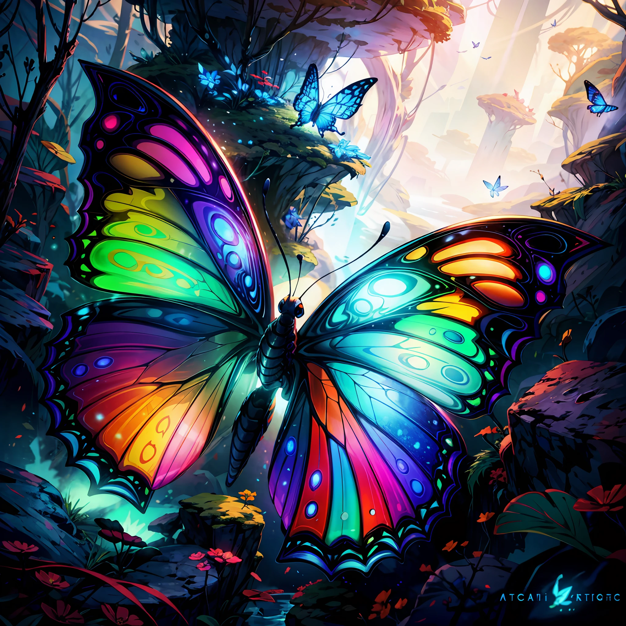 close shot  of a colorful butterfly, big wings, detailed, detailed wings, the butterfly is flying on a big leaf inside an alien forest , glowing wings, crystal like ,focus, alien landscape background .BREAK,Detailed,Realistic,4k highly detailed digital art,octane render, bioluminescent, BREAK 8K resolution concept art, realism,by Mappa studios,masterpiece,best quality,official art,illustration,ligne claire,(cool_color),perfect composition,absurdres, fantasy,focused,rule of thirds,