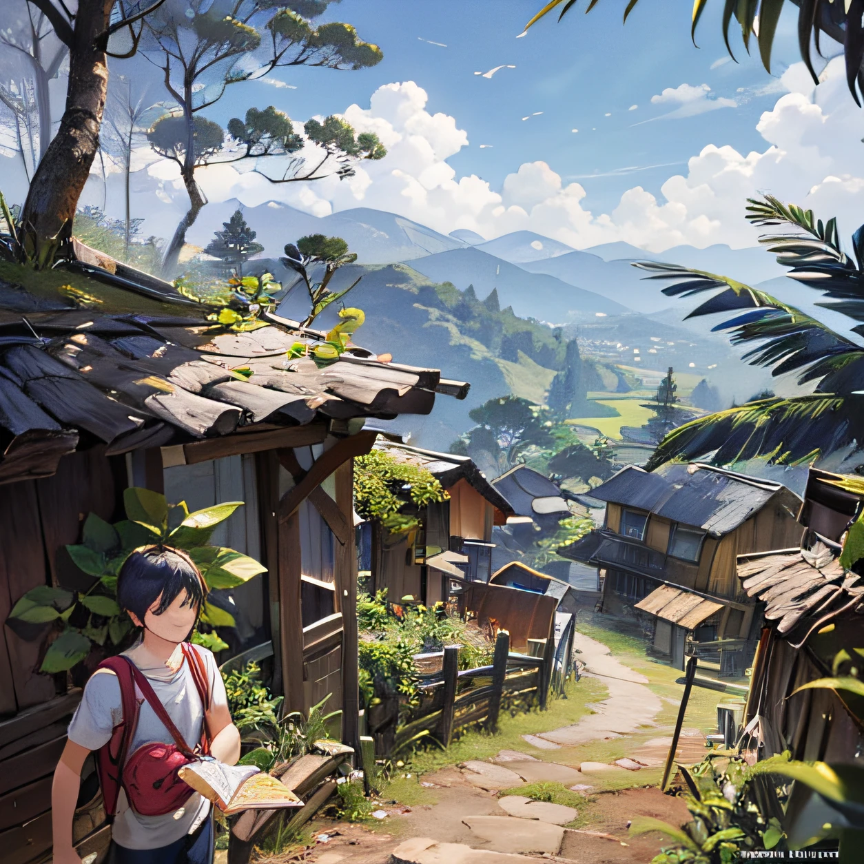 Um , no bosque, mochila nas costas, Map in hand