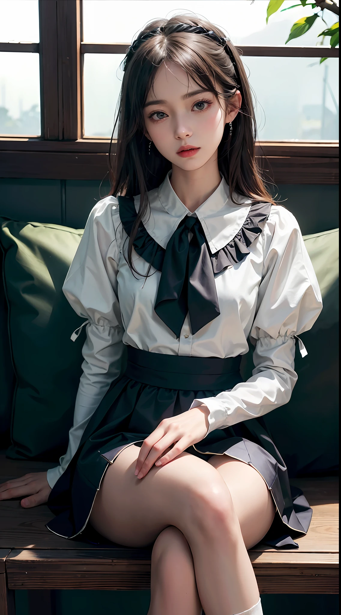 1人, (Full body), Unknown , detailed clothes, (delicate illustration:1.4),(masutepiece:1.0), (Best Quality:1.4), (超A high resolution:1.2), (Photorealistic:1.4), (8K, Raw photo:1.2), (Soft Focus:1.4), (18year old:1.3), (Sharp Focus:1.4), (Renaissance art:1.4), Detailed beautiful face, (Blouse with white collar, Silk White Socks, Dark blue skirt, Black pumps), Sitting on a chair