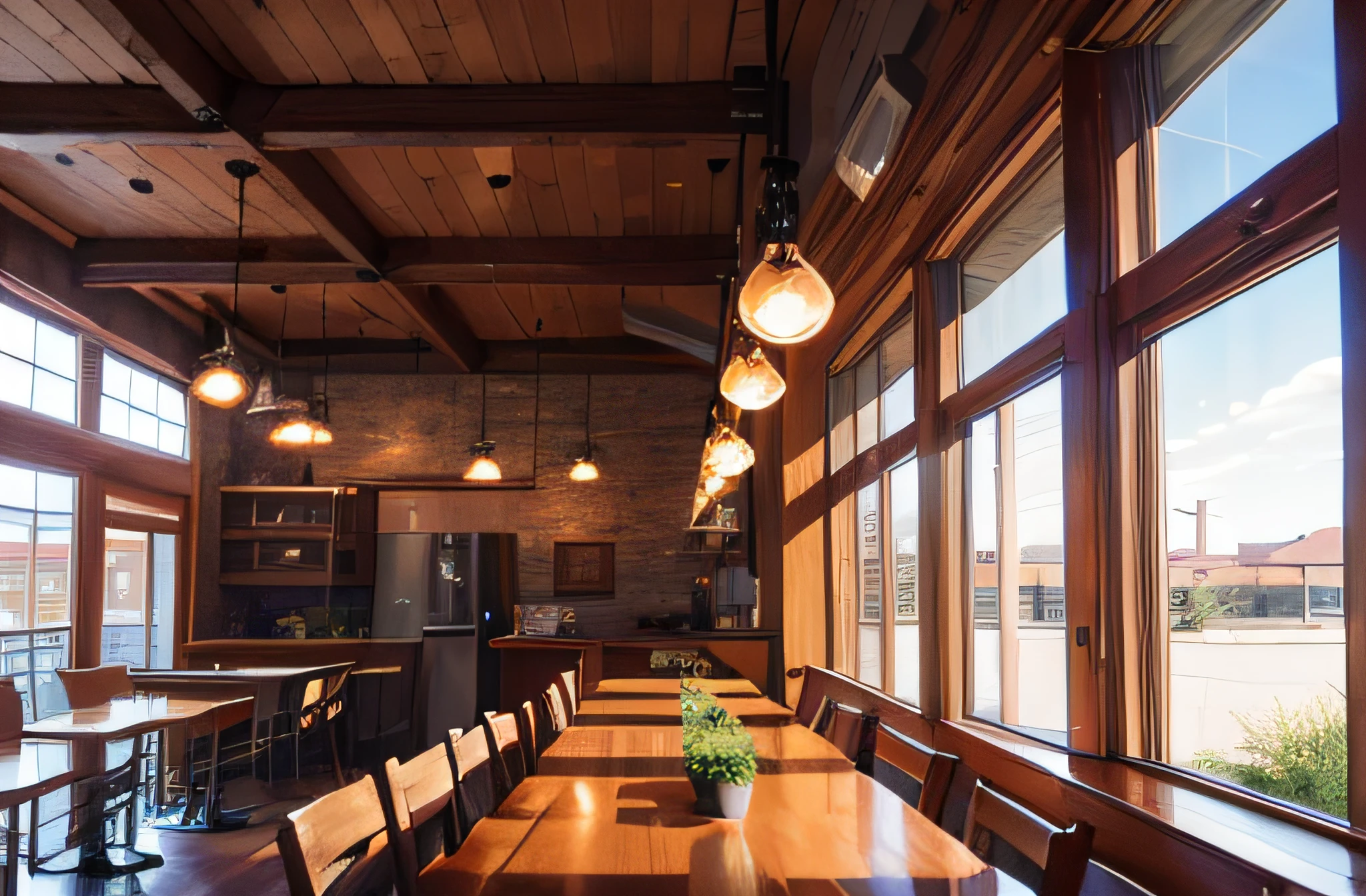 Masterpiece, best quality, highres, photorealistic, RAW, Interior view of Rustic Cafeteria, 8K, cinematic light