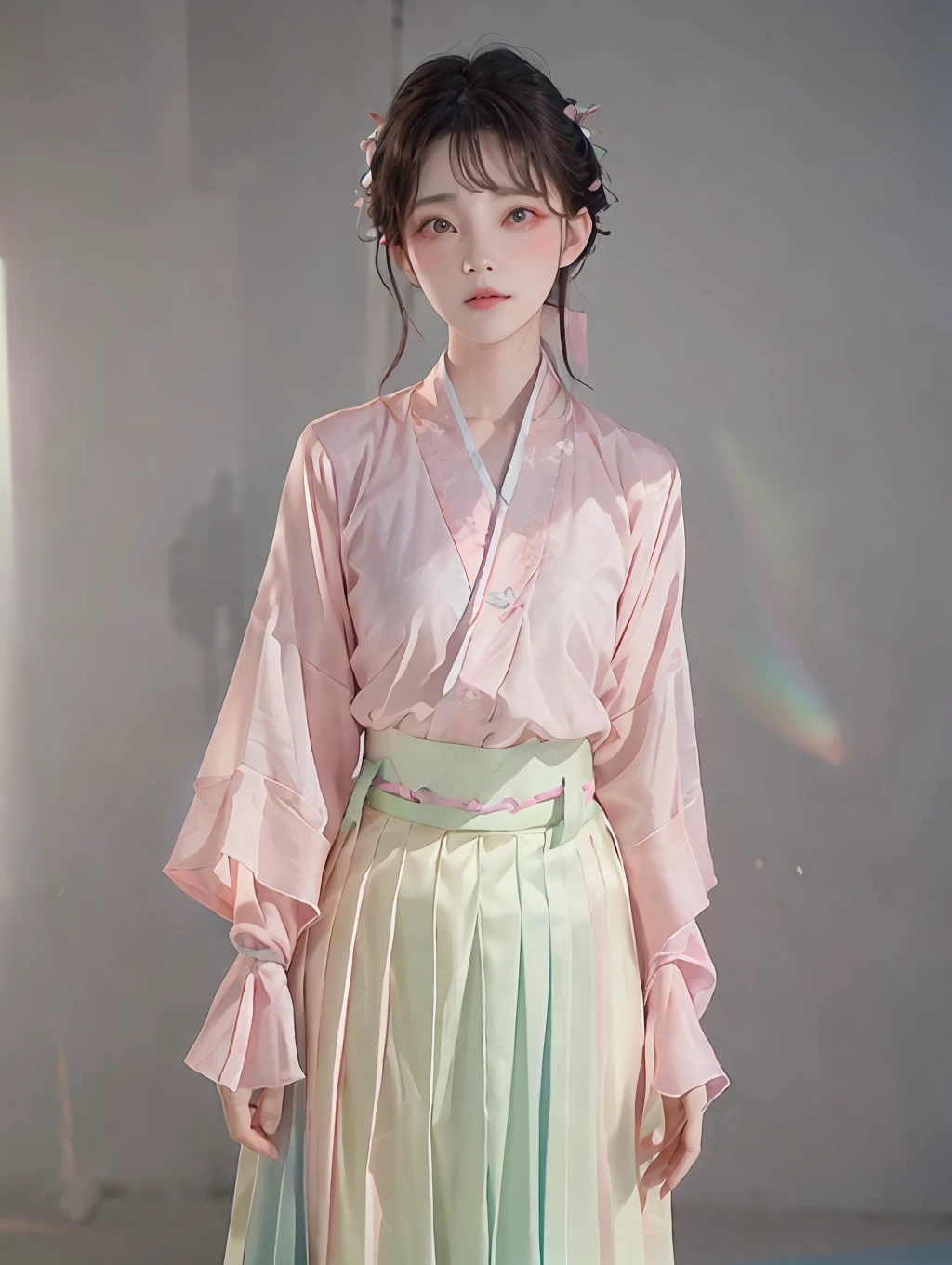 1girl,(hanfu, pink short shan,  gradient green pleated skirt, pink songmo),(upper body:1.5),face focus, ultra high res, (photorealistic:1.4), raw photo,16K,dramatic lighting,