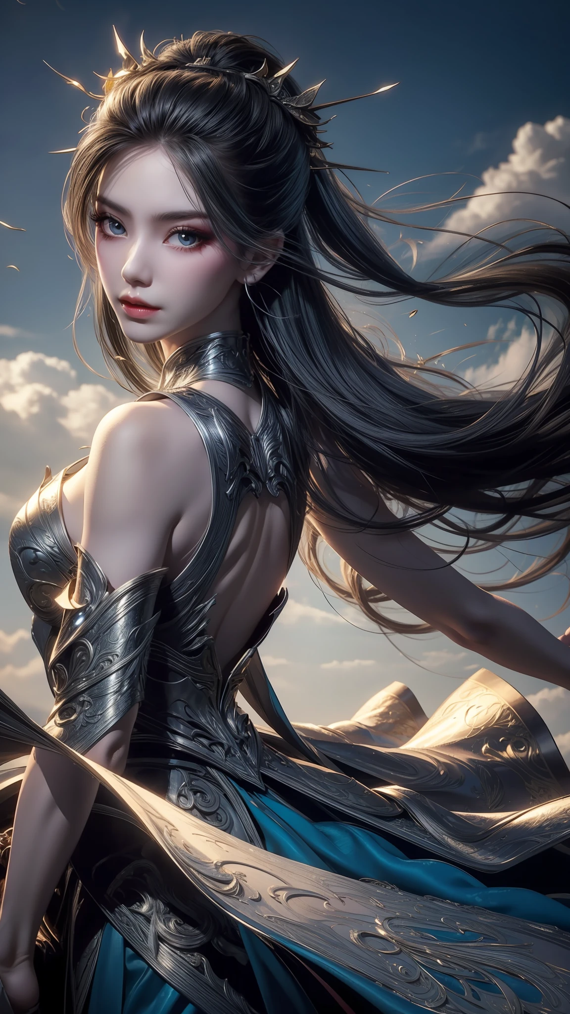 offcial art，extremely detaile，God girl，surrounded by cloud，Tulle flight，Hair flutters，Fairy，mature，Plenty of tulle covering，Wind element，The cloak does not show the shoulders。