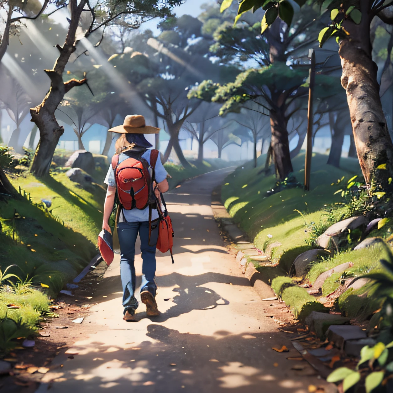 Um menino, no bosque, mochila nas costas, Map in hand