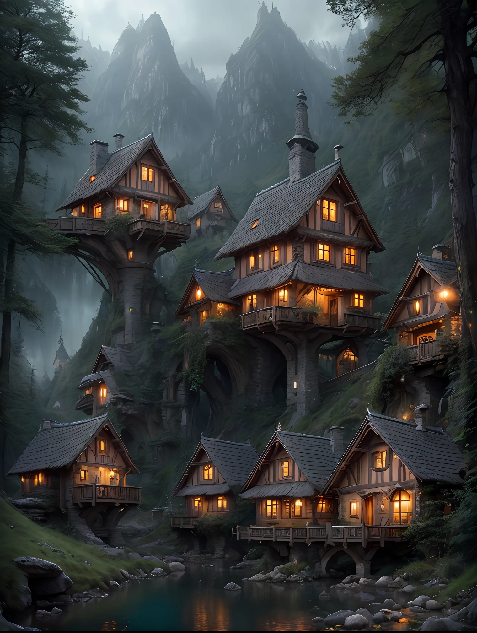 knollingcase, valley, fairytale treehouses village, transparent data visualization, trending on art station, by Tom Bagshaw and Seb McKinnon, ultra detailed, hyper-realistic, cinematic, dramatic lighting, volumetric lighting, 150mm, octane render, photorealistic, denoise, photograph with a Hasselblad H3DII