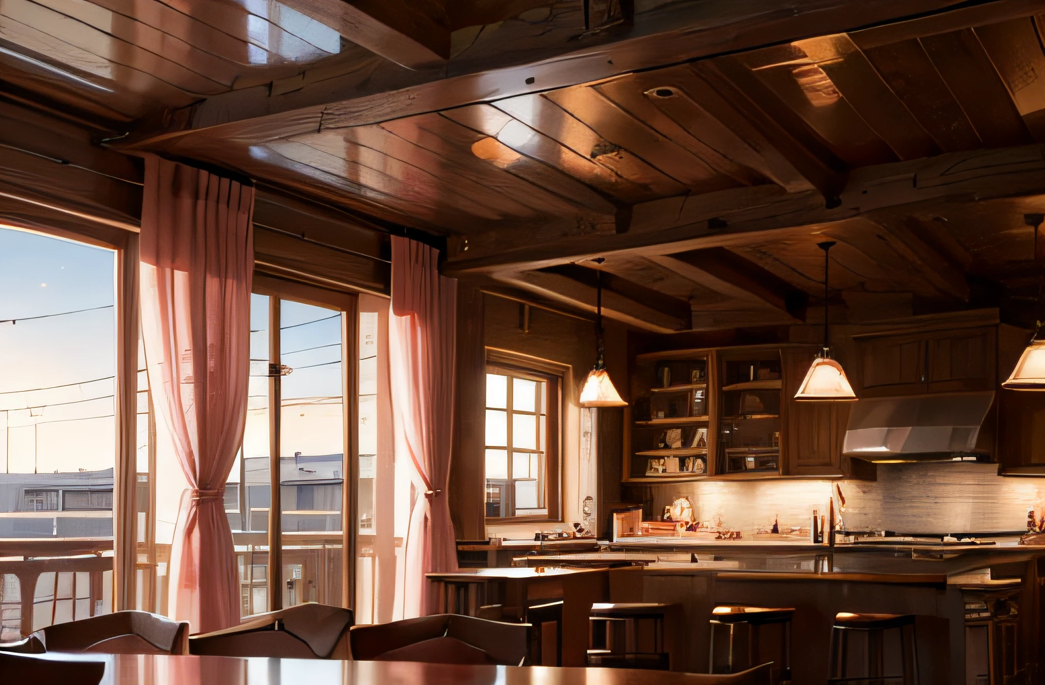 Masterpiece, best quality, highres, photorealistic, RAW, Interior view of Rustic Cafeteria, 8K, cinematic light