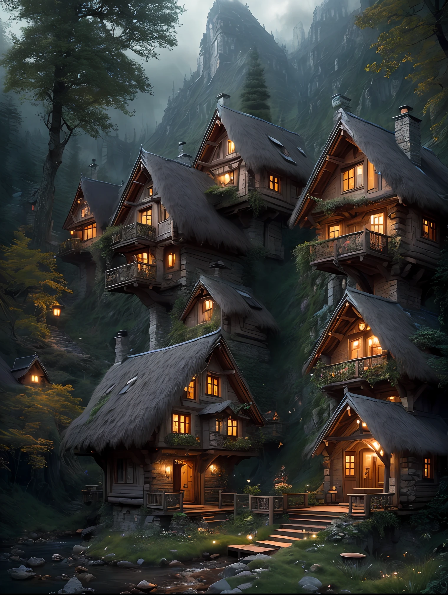 knollingcase, valley, fairytale treehouses village, transparent data visualization, trending on art station, by Tom Bagshaw and Seb McKinnon, ultra detailed, hyper-realistic, cinematic, dramatic lighting, volumetric lighting, 150mm, octane render, photorealistic, denoise, photograph with a Hasselblad H3DII