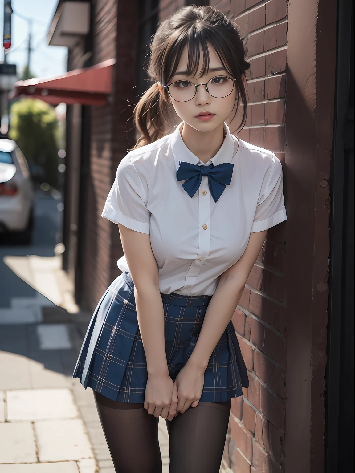 (8K、Raw photography、top-quality、masterpiece:1.2),Bra shows through and are visible,Erotic,Eros,de pele branca,Black pantyhose,absurderes,a small face,small tits,flat breast,Parting the bangs from the middle、Forehead visible,(Tight eyes,Bullish,skinny,Rasping,irate)、masterpiece,top-quality、超A high resolution,Raw photo,ren,Beautiful fece,One Person, 独奏,eye glass,,Dark look,Small breasts,fullllbody,Round glasses、cute little、A Japanese Lady,is standing,(Tight eyes,Bullish,skinny,Rasping,irate,small tits,flat breast)、(Photorealsitic:1.37)、Photon mapping,Light blue ribbon,Realistic、Cute little face,Brown-eyed、Black socks、(Red bow tie)、Radio City、Physically Based Rendering、Foreground、depth of fields、Blurry background、a picture,The girls、Body, Long legs, Thin leg,poneyTail,(Bangs are visible), hair, s lips, Blue_The eye, nosesoft,White shirt, Navy blue and white plaid pleated skirt, Knees are visible,Sheer clothing,, Thigh, Black cotton socks,Nogizaka Idol, 女優, Japanese ido