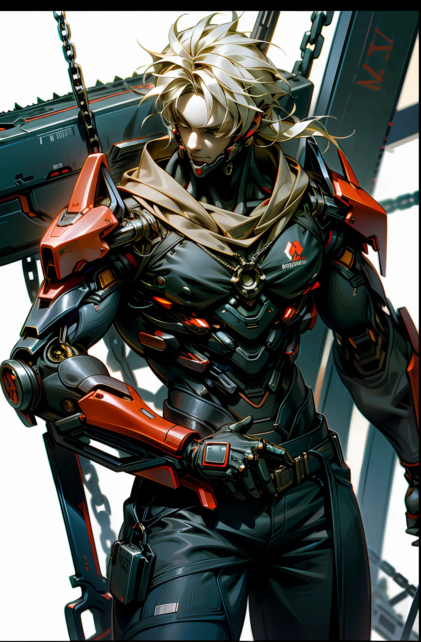 Dark_Fantasy,Cyberpunk,(chain saw,chain saw man,Red:1.1),1man,Mechanical marvel,Robotic presence,Cybernetic guardian,
