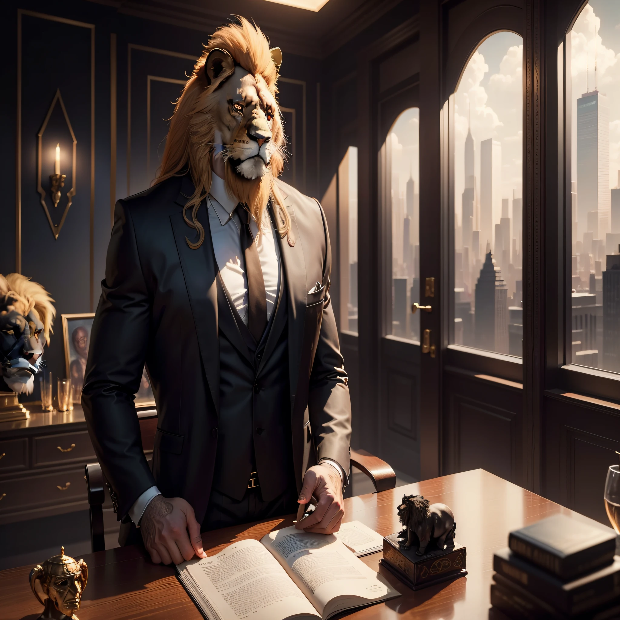 Lion Beastman as Imposing-looking bodyguard wearing mobster-style clothing, in a scene illustrated with rich detail and striking features. The beastman stands out against the background, which is a luxurious office with large windows overlooking the city. The atmosphere is one of mystery and security, highlighting the confidence that the bodyguard inspires.