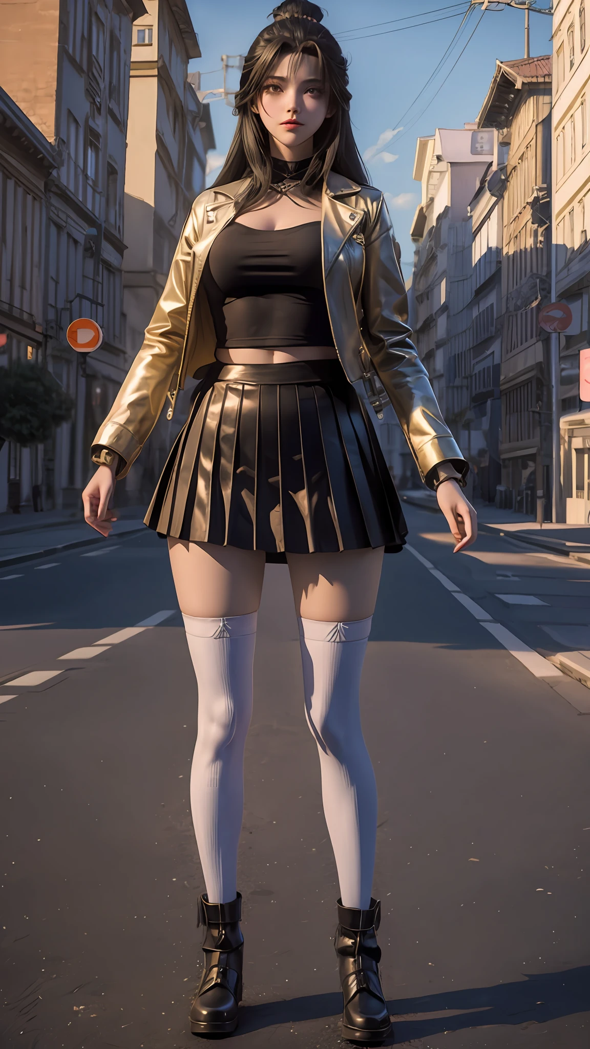 there is a woman in a skirt and a jacket posing for a picture, Surrealism female students, Surrealism female students, Realistic schoolgirl, thighhighs and skirt, photorealistic anime girl rendering, 3 d anime realistic, Smooth anime CG art, photorealistic full body, Photorealistic anime, Realistic anime 3 D style, photorealistic perfect body, wearing skirt and high socks