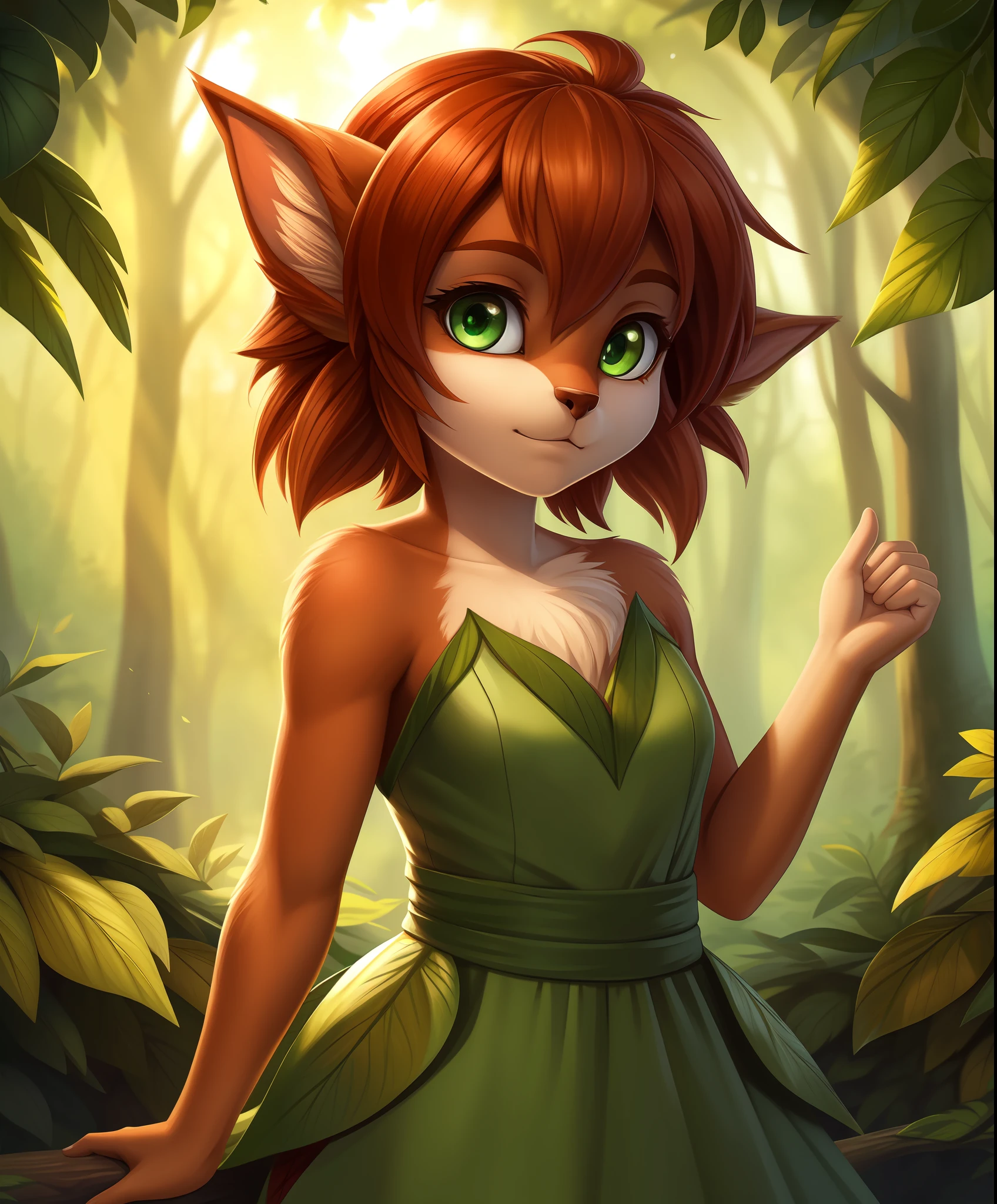 ((best quality)), ((highly detailed)), masterpiece, ((official art)), extremely detailed face, beautiful face, (detailed eyes, deep eyes), (1girl), (full body), elora, furry, fluff, detailed and extremely fluffy body fur, green eyes, leaf-dress, complex background