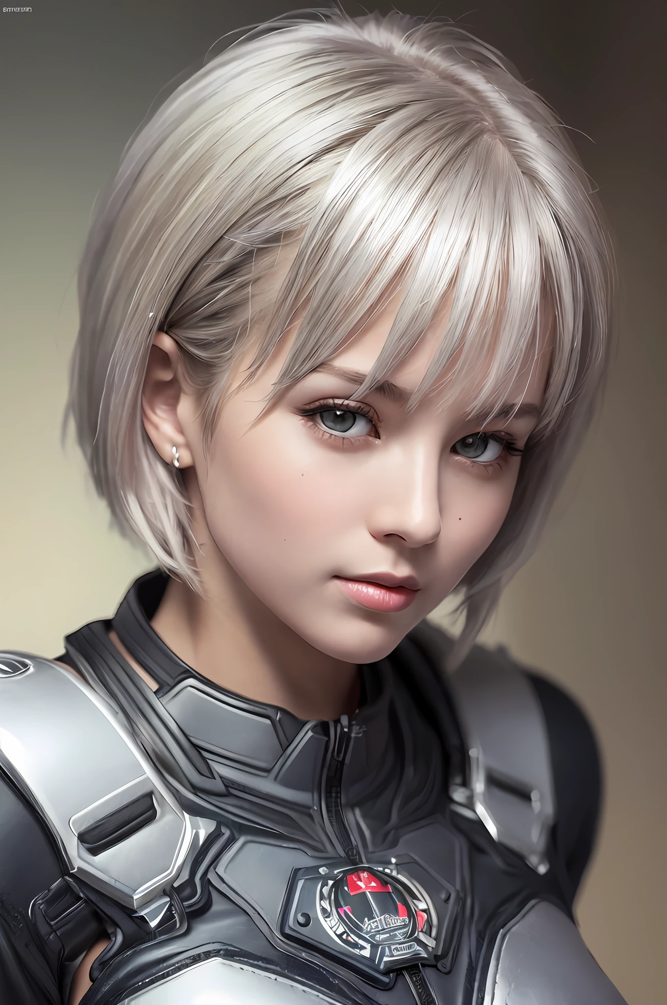 (8k, photorealistic, RAW photo, top quality: 1.4), (1girl), super beautiful, (realistic face), (boyish, silver-colored berry short hair), beautiful cyberpunk suit, glares seducing viewer, beautiful expression, beautiful breasts, (realistic skin), beautiful smile, (soldier), attractive, ultra high resolution, ultra realistic, high definition, spoiled